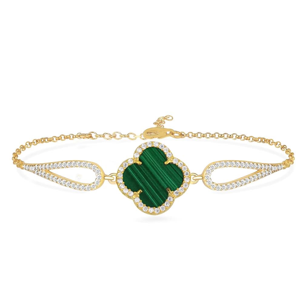 925 Ayar Gümüş Malahit Taşlı Yonca Bileklik