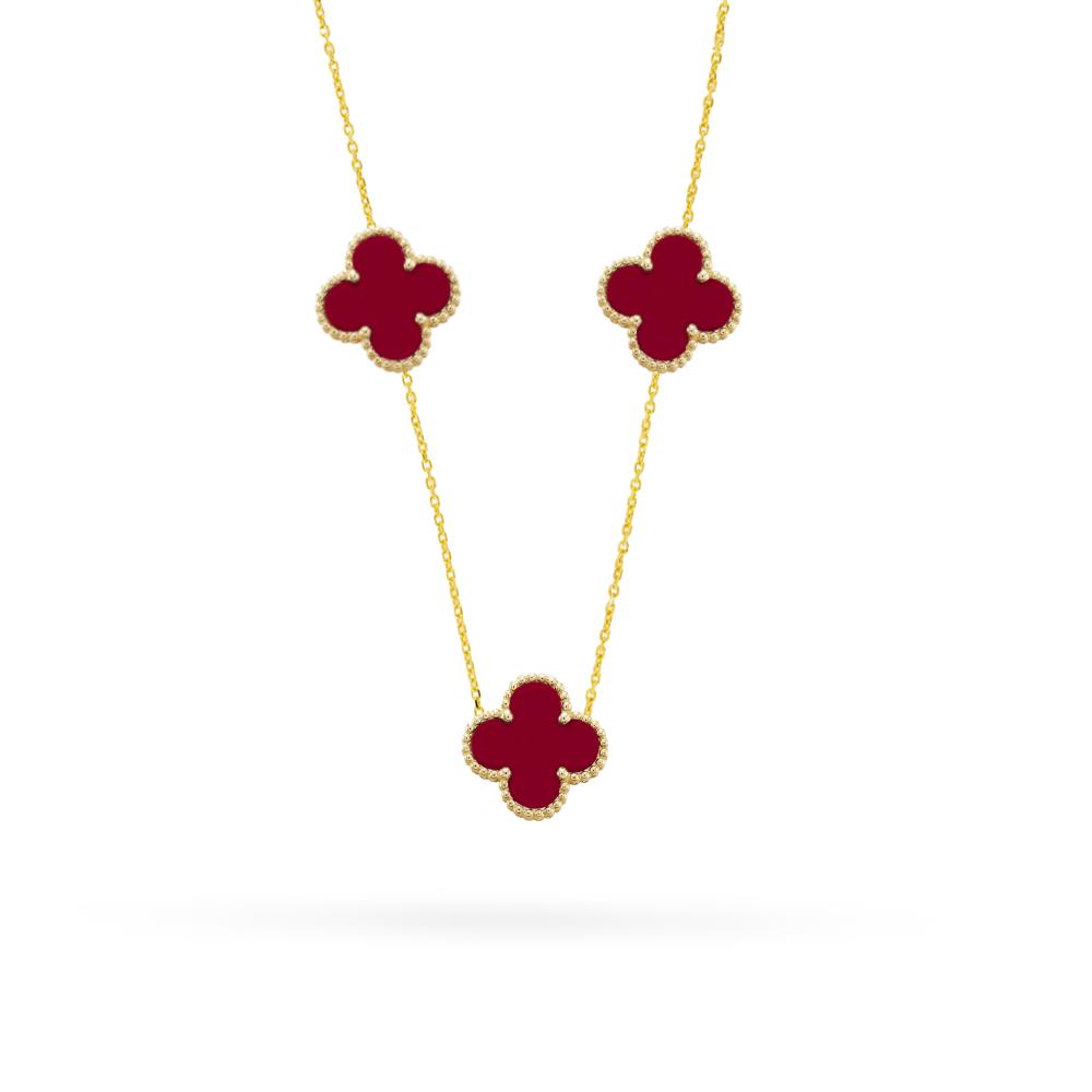 925 Ayar Gümüş Mercan Taşlı 3'lü Yonca Kolye