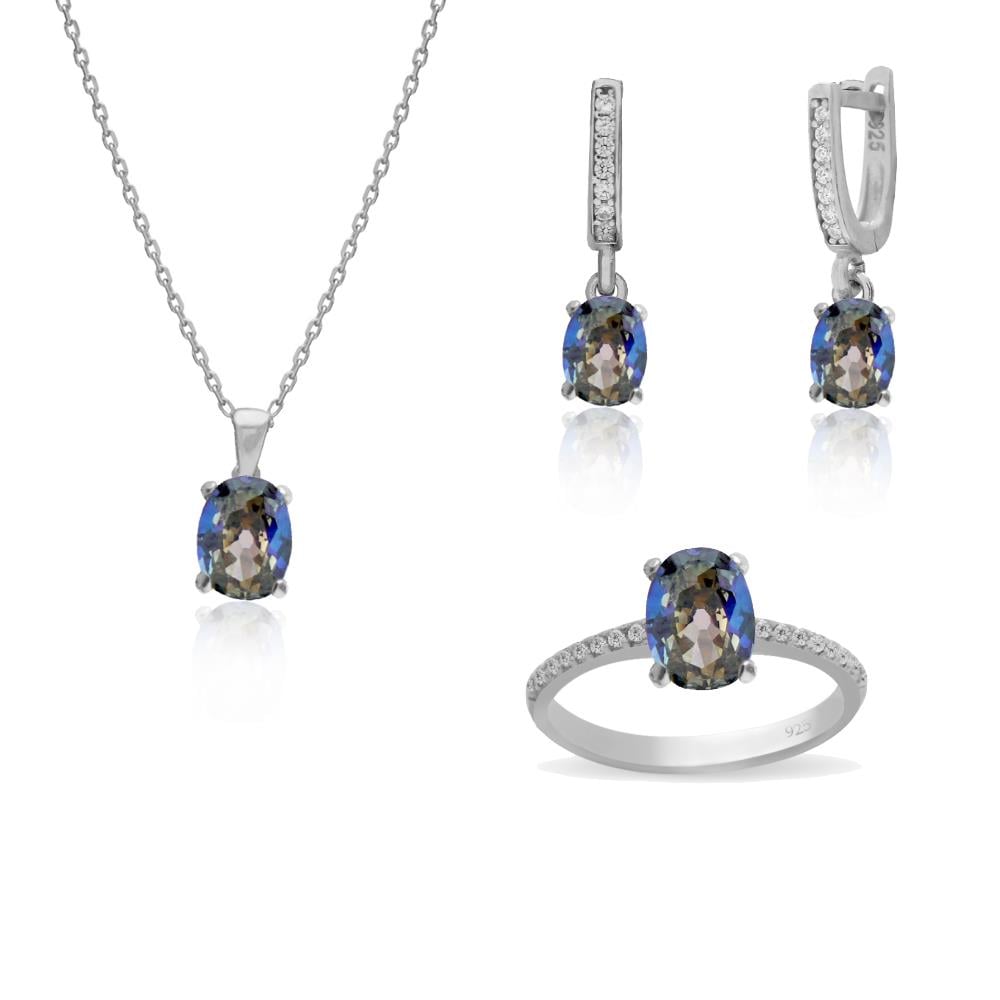 925 Ayar Gümüş Minimal Blue Topaz Oval Taşlı Takı Seti