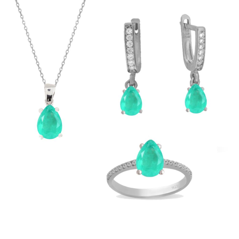 925 Ayar Gümüş Mİnimal Paraiba Damla Taşlı Takı Seti