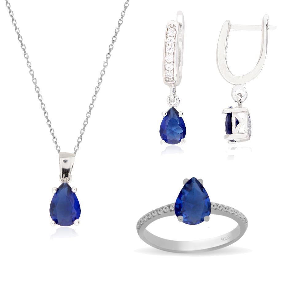 925 Ayar Gümüş Minimal Safir Damla Taşlı Takı Seti