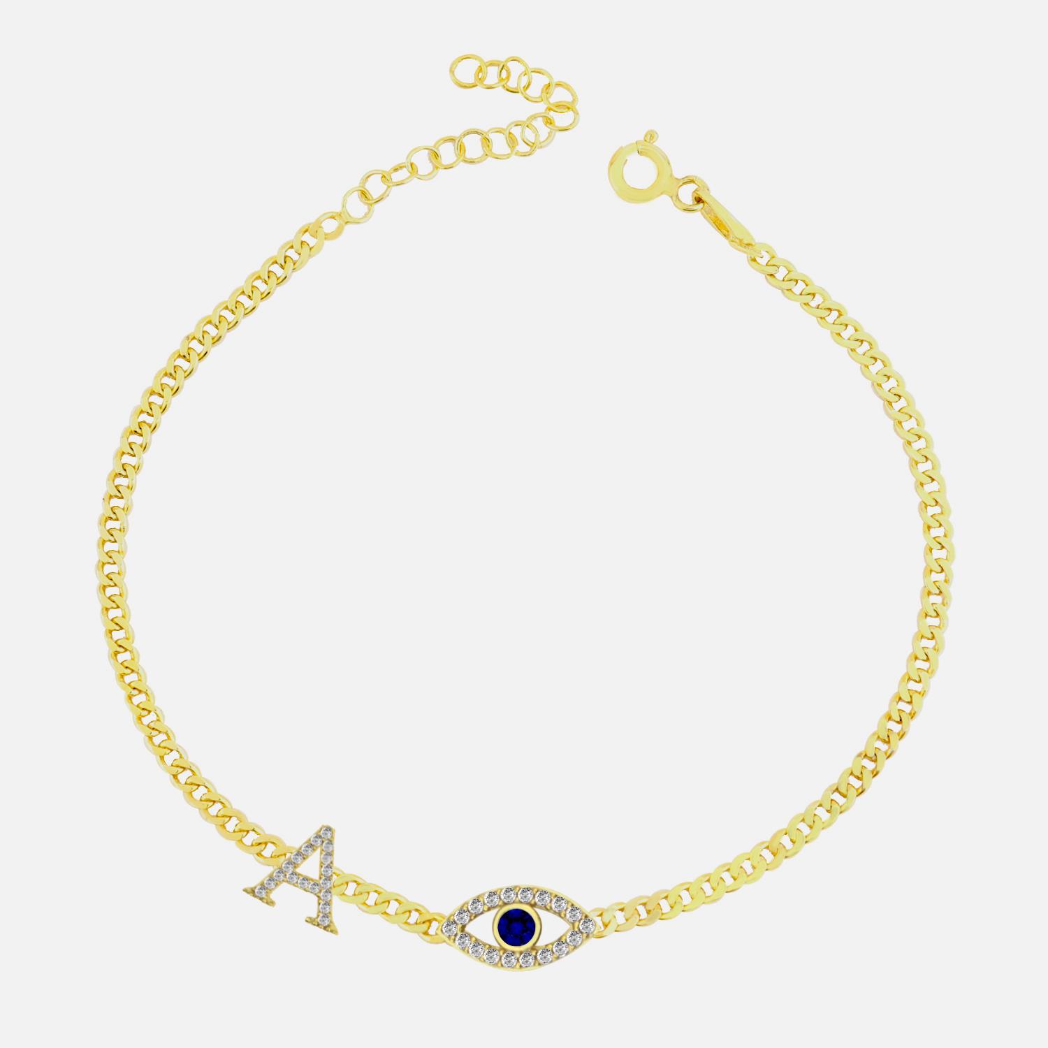 925 Ayar Gümüş Nazar Göz Detaylı Harfli Gurmet Zincir Bileklik