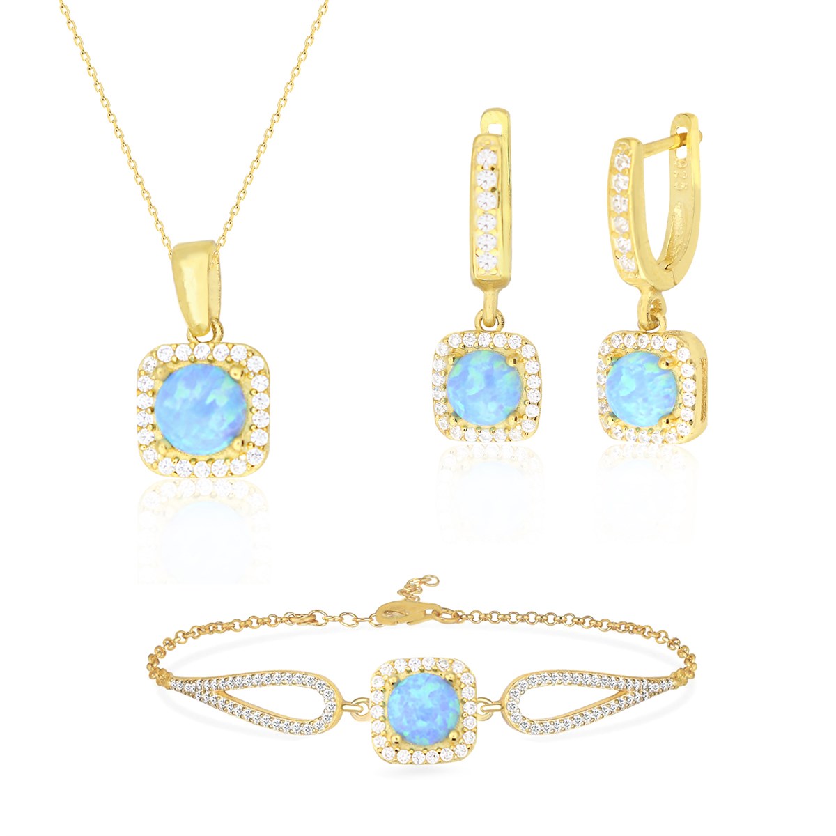 925 Ayar Gümüş Opal Taş Kare Pırlanta Modeli Takı Seti