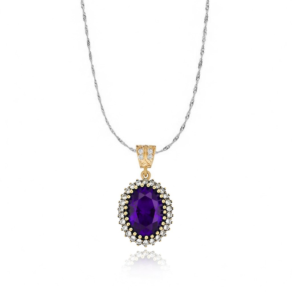 925 Ayar Gümüş Otantik Ametist Oval Taşlı Hürrem Kolye