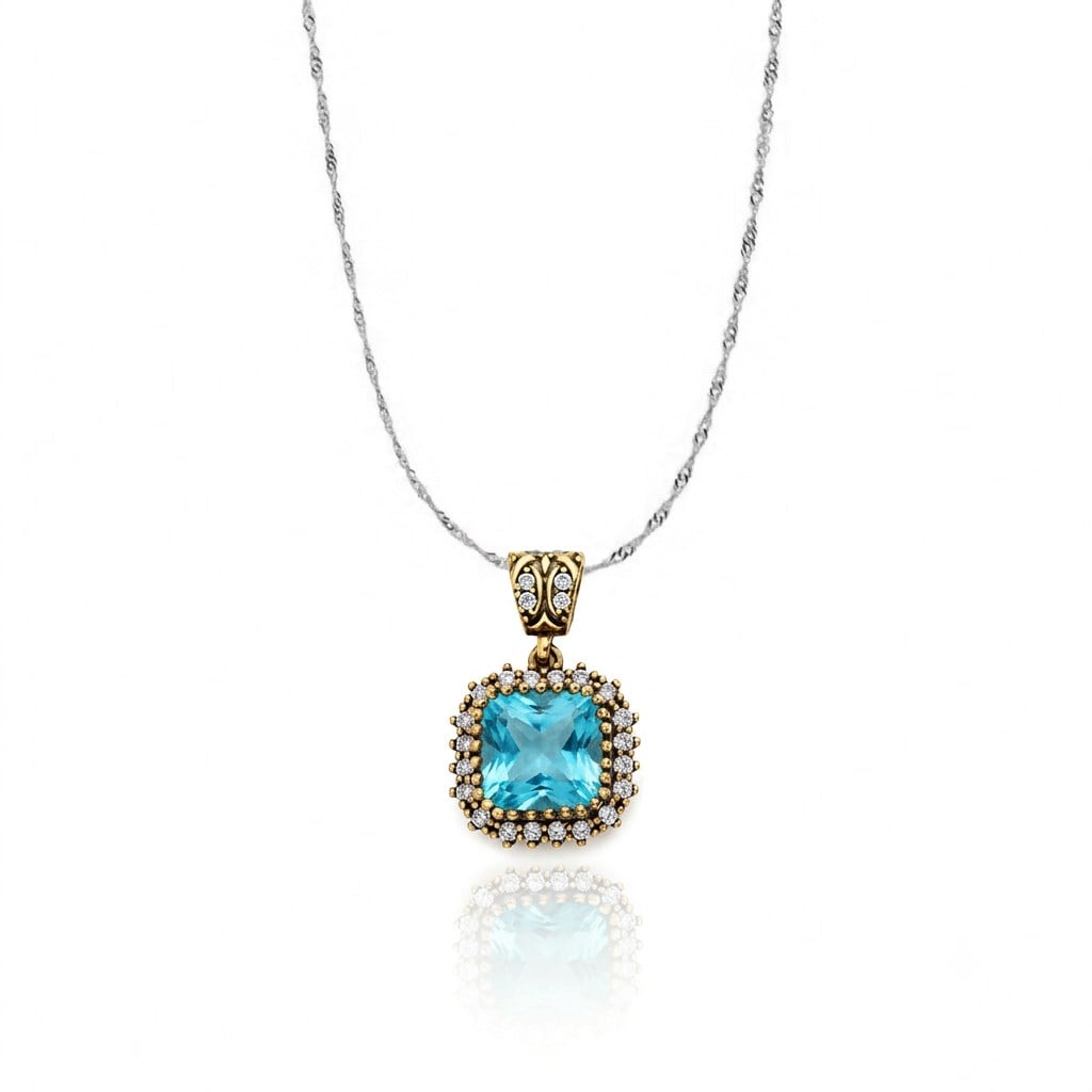 925 Ayar Gümüş Otantik Aqua Kare Ice Cut Taşlı Hürrem Kolye