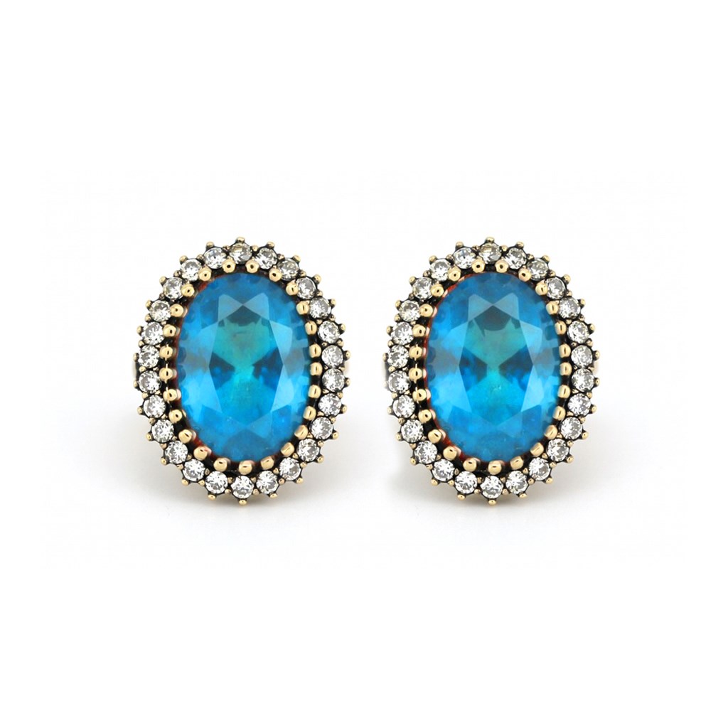 925 Ayar Gümüş Otantik Aqua Oval Taşlı Hürrem Sultan Küpe