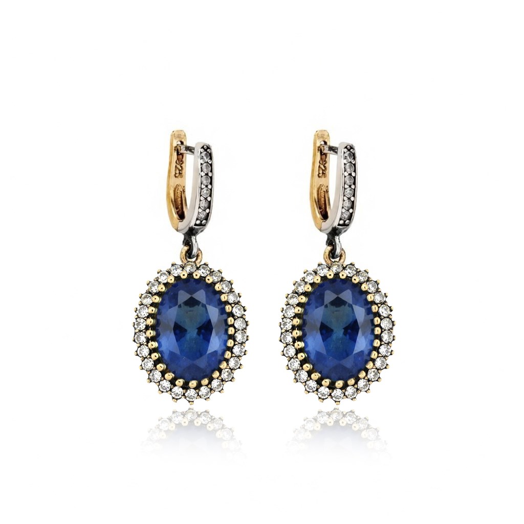 925 Ayar Gümüş Otantik Safir Mavisi Oval Taşlı Hürrem Küpe