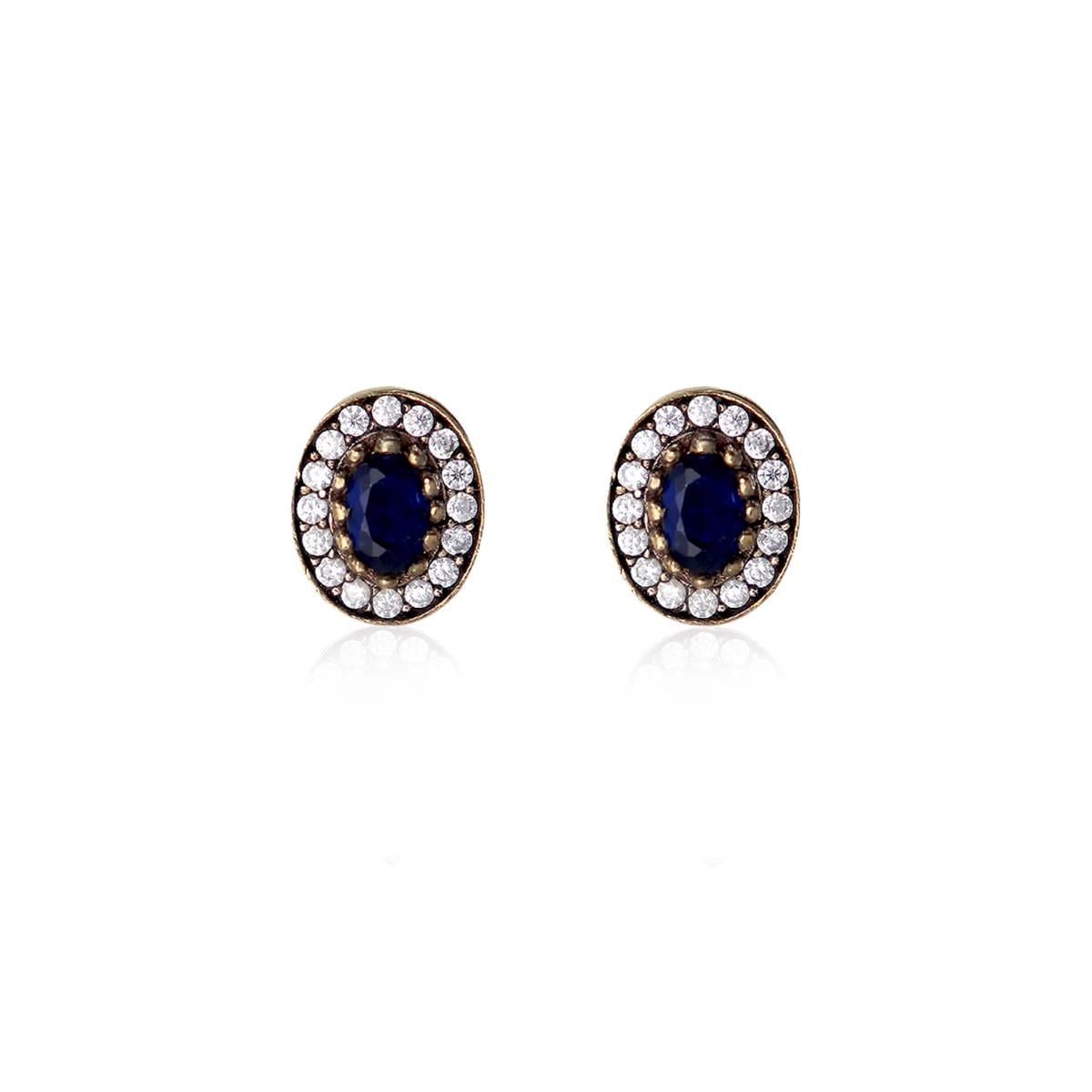 925 Ayar Gümüş Otantik Safir Oval Taş Küpe