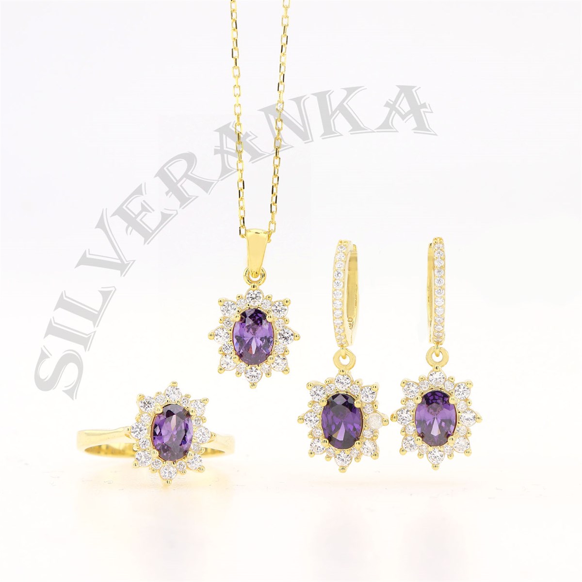 925 Ayar Gümüş Oval Ametist Taşlı Gold Anturaj Set