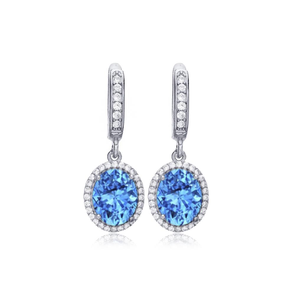 925 Ayar Gümüş Oval Aqua Taşlı Küpe