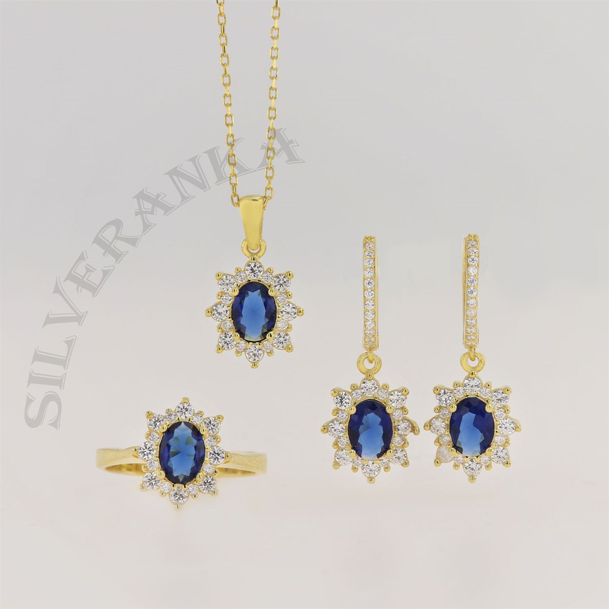 925 Ayar Gümüş Oval Safir Taşlı Gold Anturaj Set