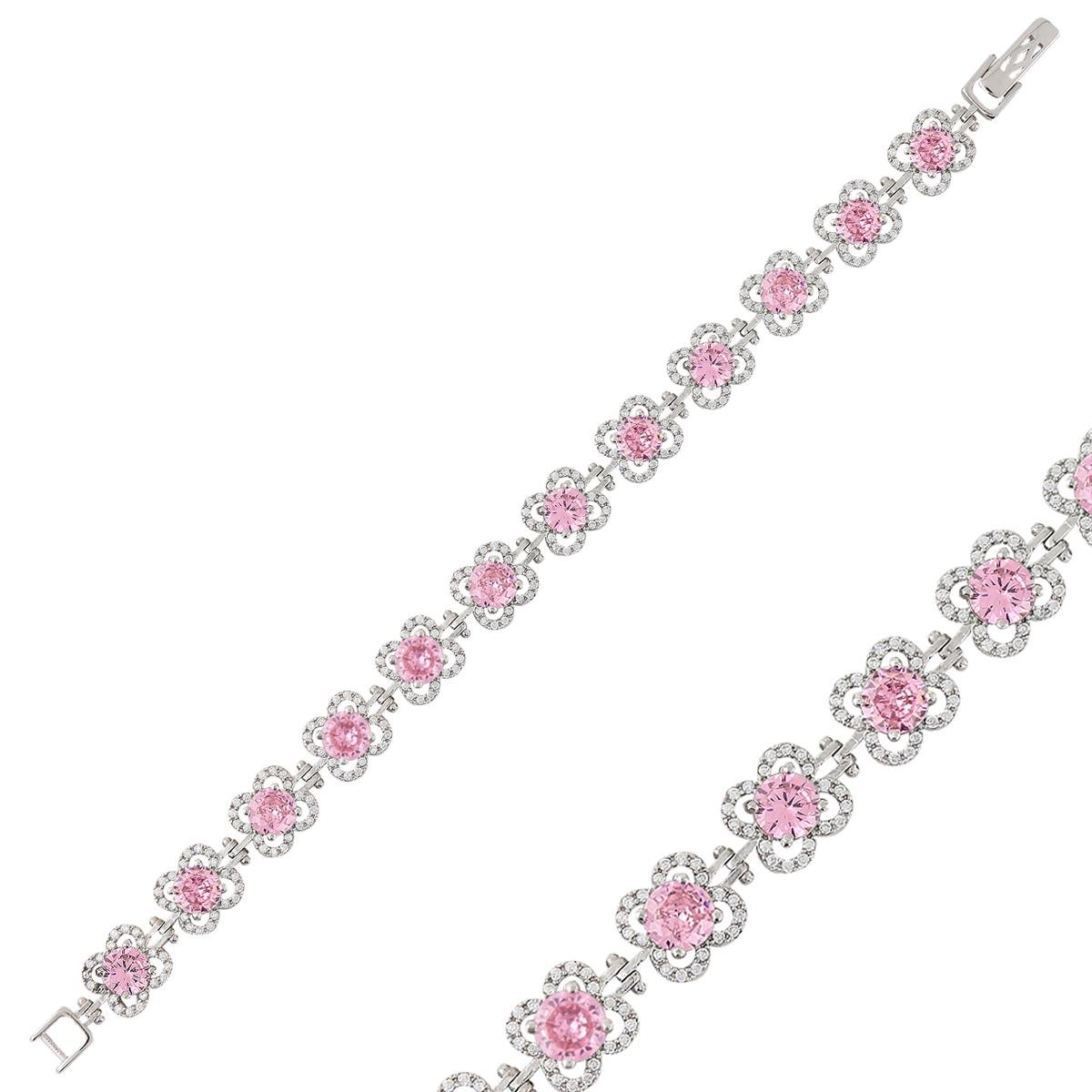 925 Ayar Gümüş Pembe Çiçek Model Gümüş Bileklik