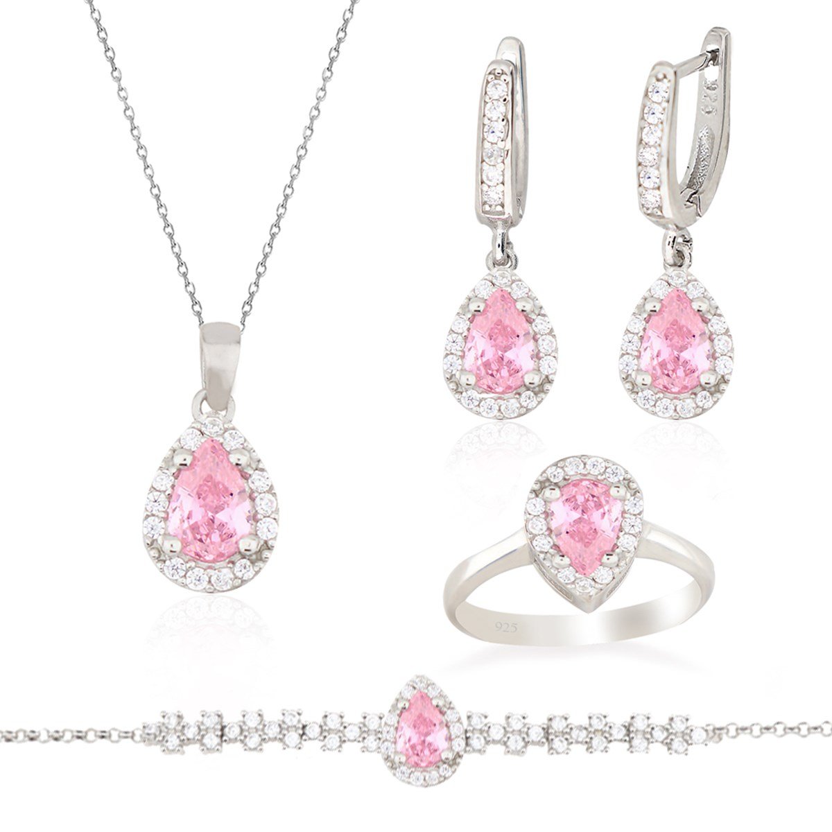 925 Ayar Gümüş Pembe Damla Taş Takı Seti