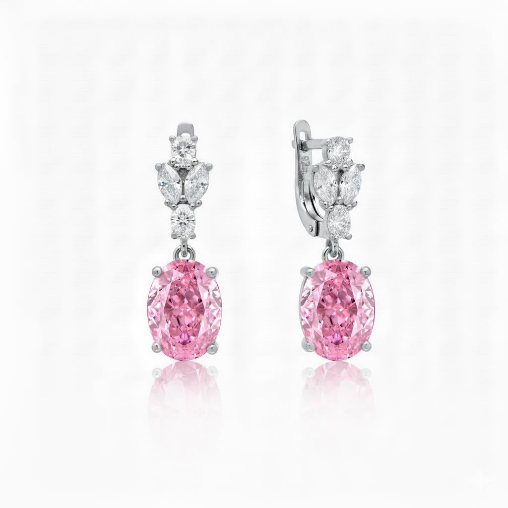 925 Ayar Gümüş Pembe Elmas Kesim Oval Küpe