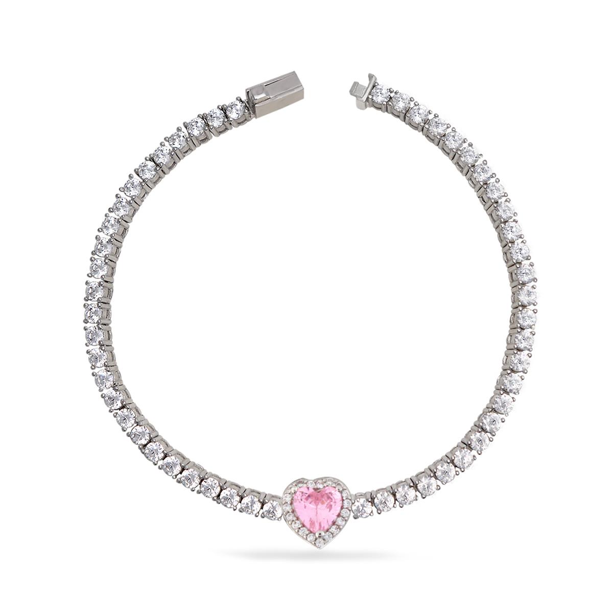 925 Ayar Gümüş Pembe Kalp Detaylı Su Yolu Gümüş Bileklik