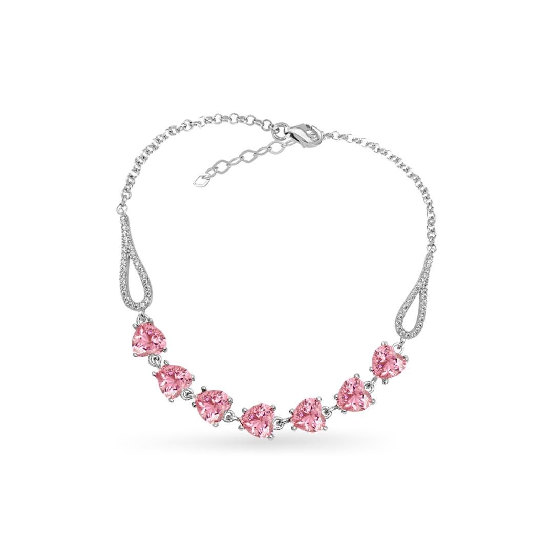 925 Ayar Gümüş Pembe Kalp Taşlı Su Yolu Bileklik