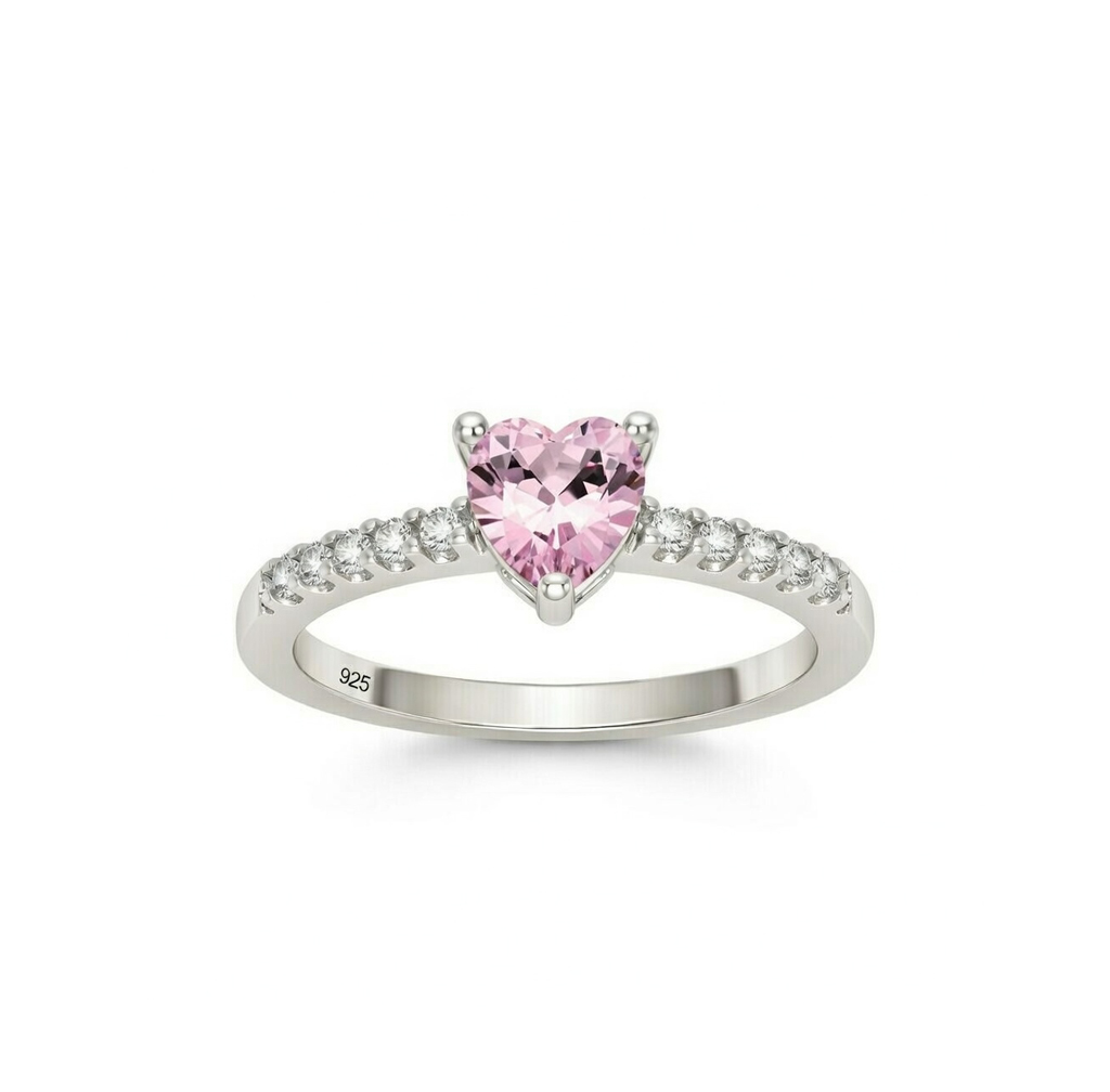 925 Ayar Gümüş Pembe Kalp Taşlı Zarif Yüzük