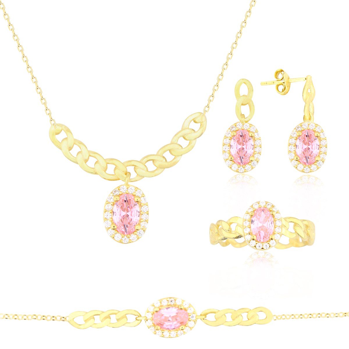 925 Ayar Gümüş Pembe Oval Taş Takı Seti Zincir Detay
