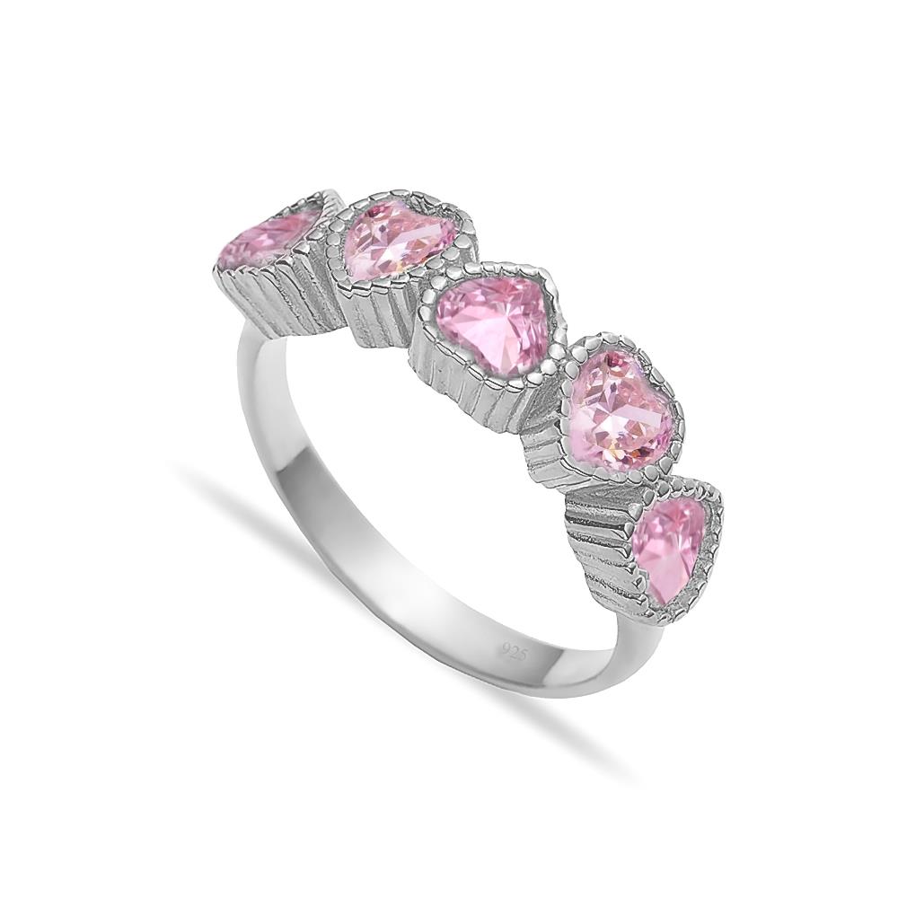 925 Ayar Gümüş Pembe Sıralı Kalp Yüzük