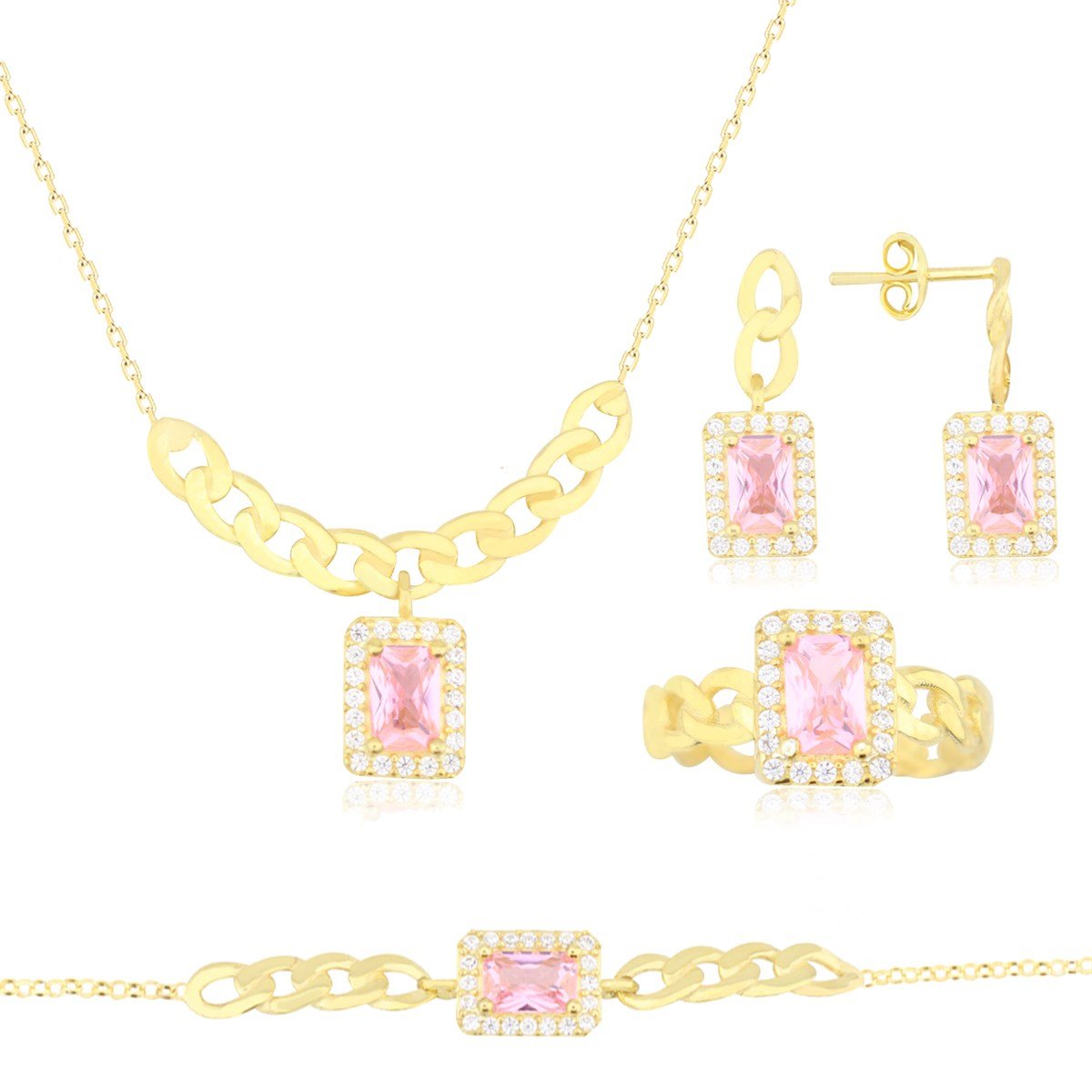 925 Ayar Gümüş Pembe Taşlı Altın Kaplama Baget Takı Seti Zincir Detay