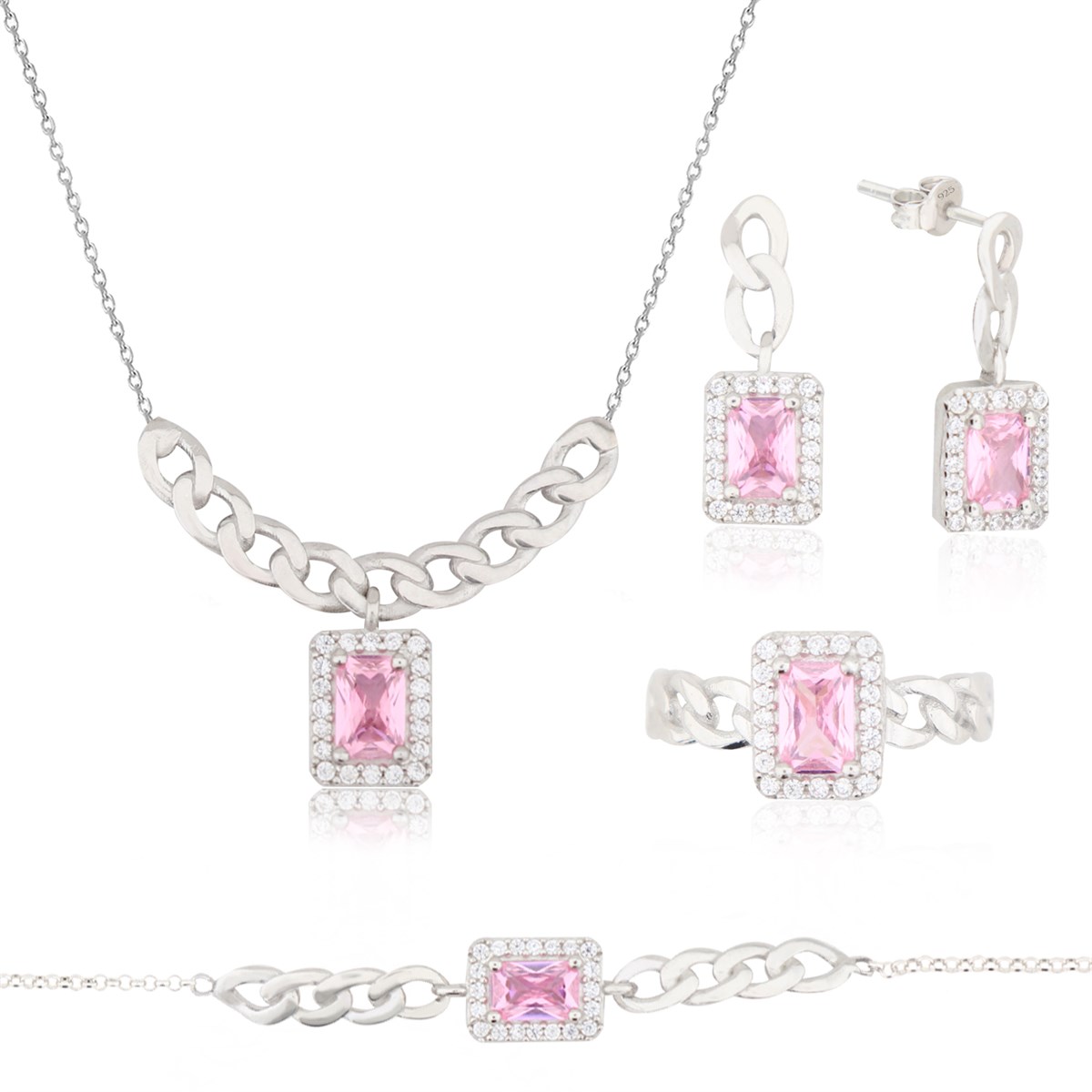 925 Ayar Gümüş Pembe Taşlı Baget Takı Seti Zincir Detay