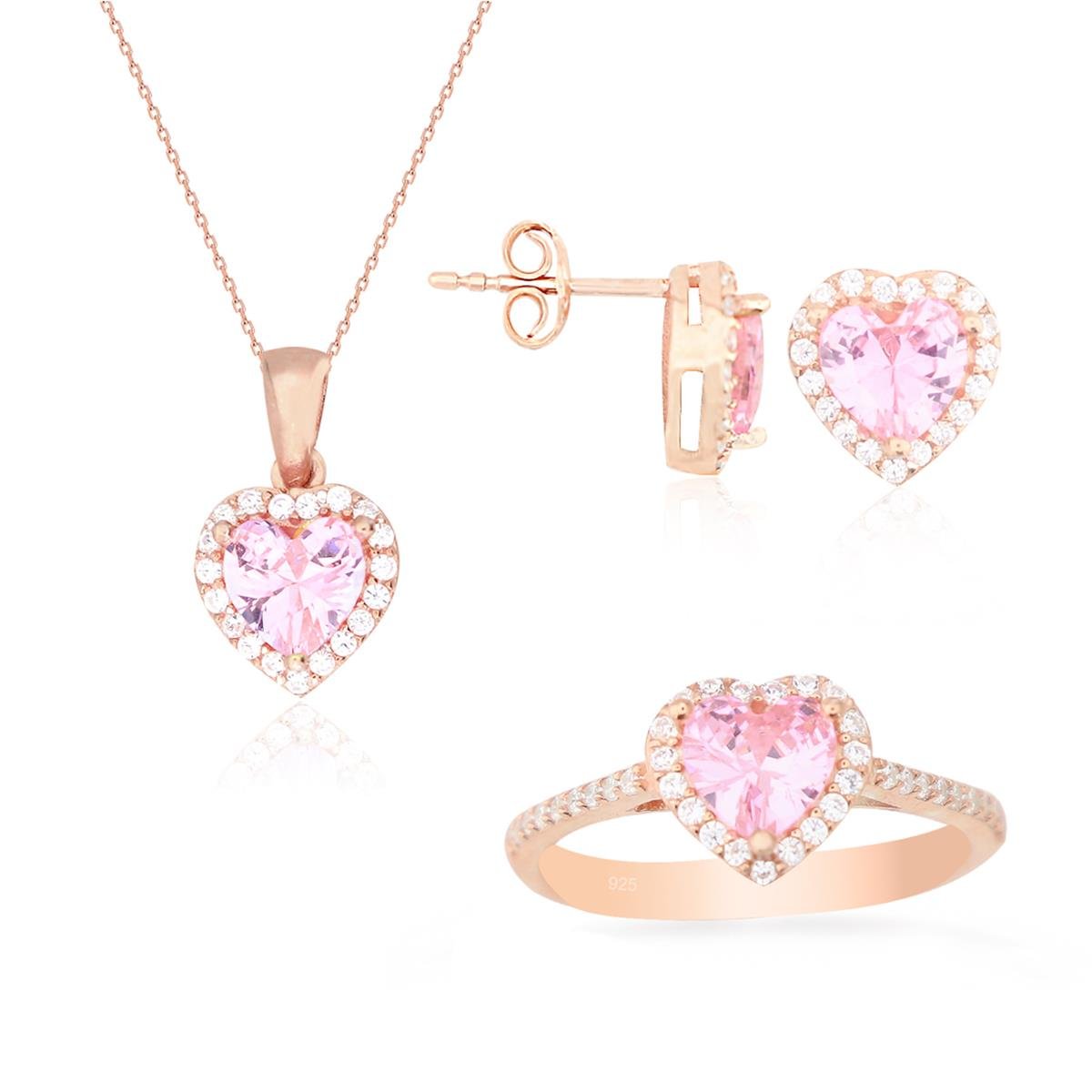 925 Ayar Gümüş Pembe Taşlı Kalp Takı Seti