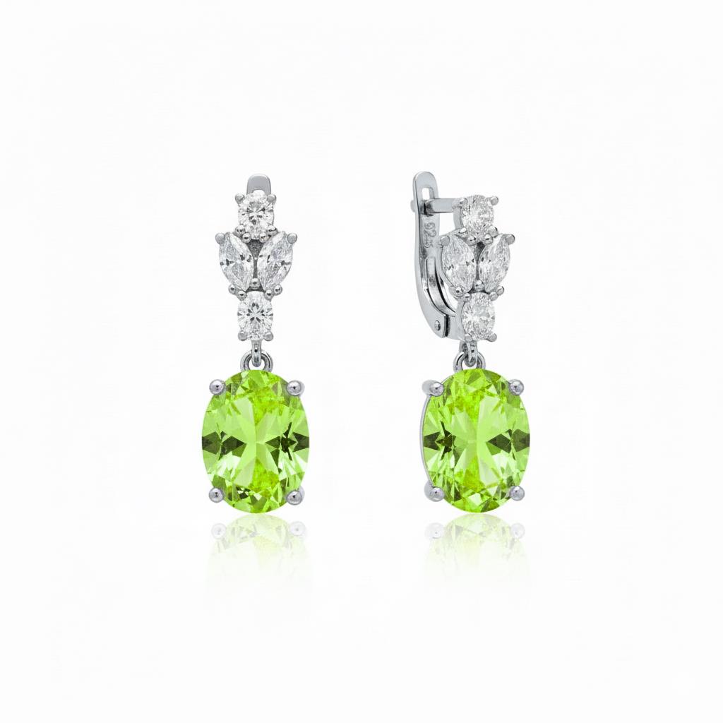 925 Ayar Gümüş Peridot Elmas Kesim Oval Küpe