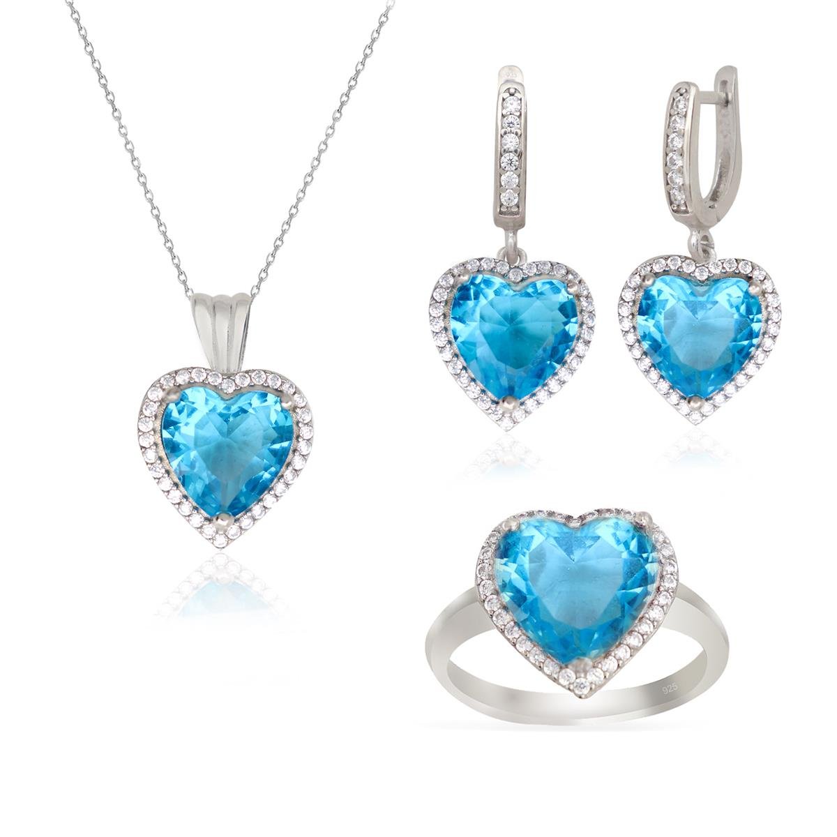 925 Ayar Gümüş Pırlanta Montür Aqua Taş Kalp Takı Seti
