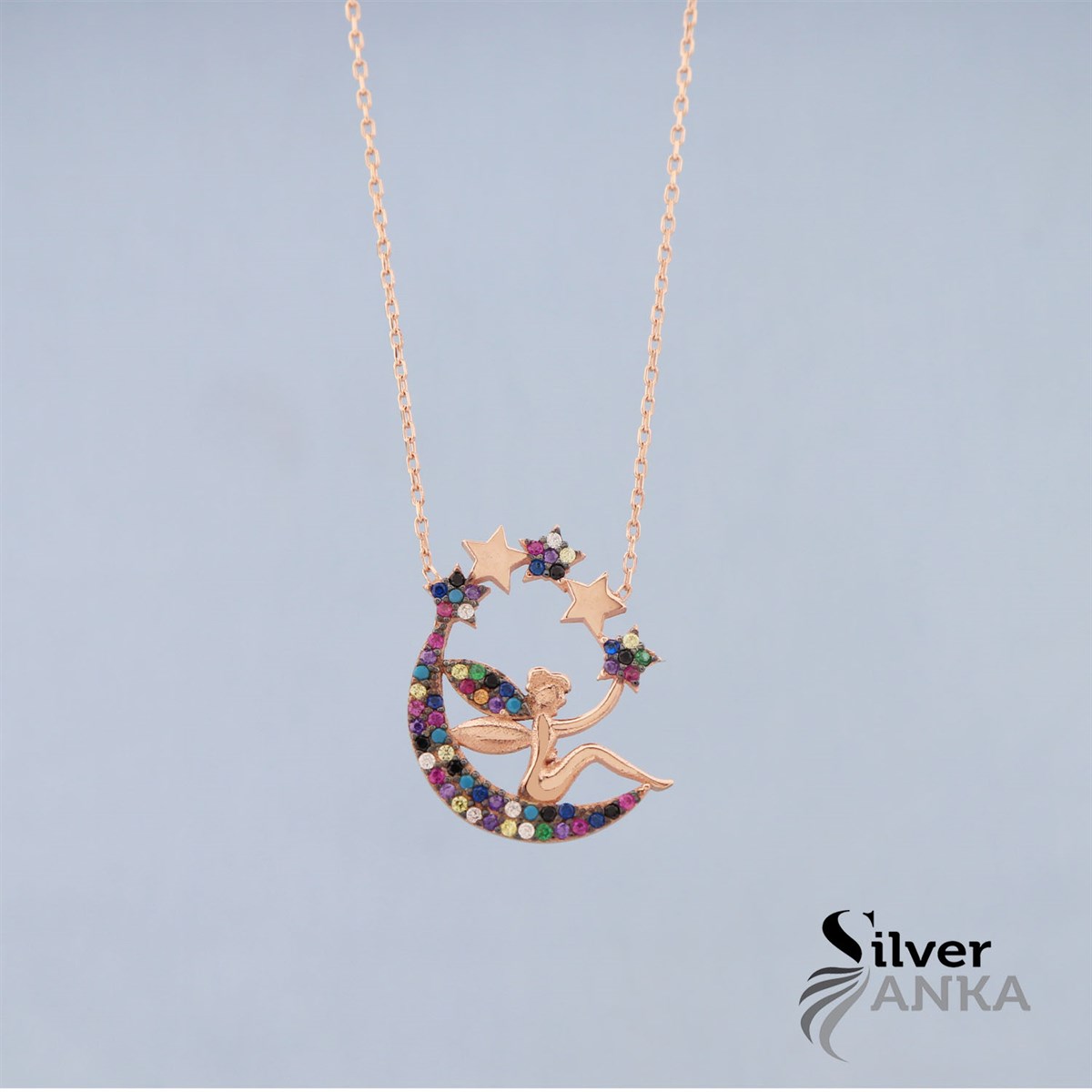 925 Ayar Gümüş Renkli Ayperi Kolye