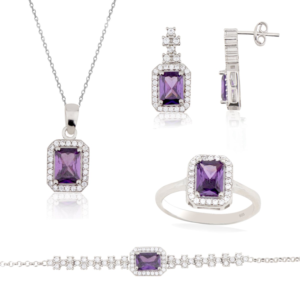 925 Ayar Gümüş Rodyumlu Ametist Baget Set