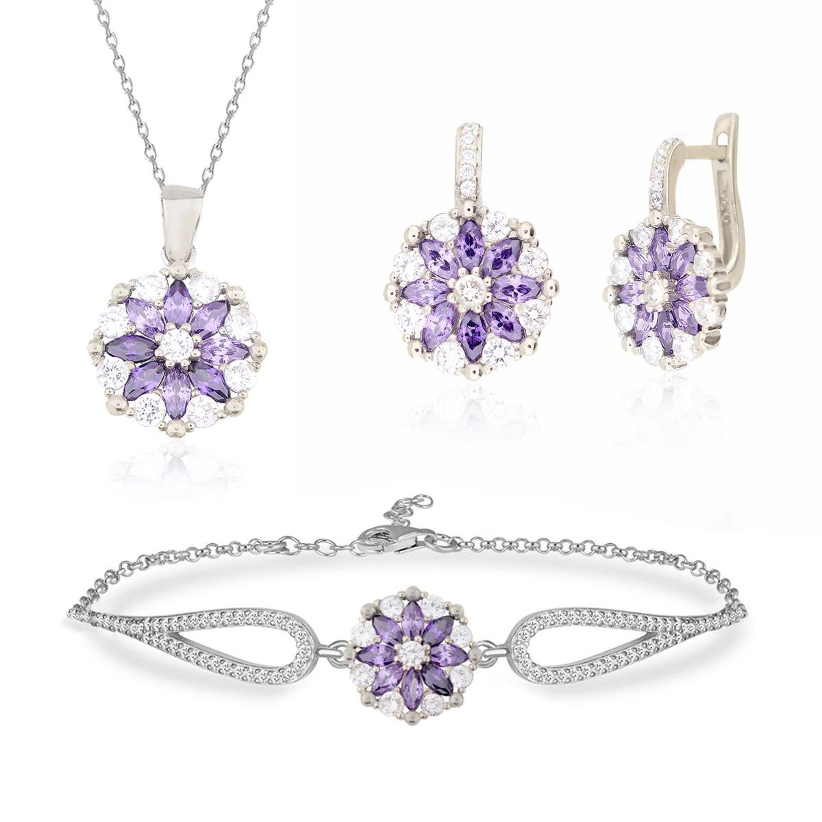925 Ayar Gümüş Rodyumlu Ametist Çiçek Model Takı Seti