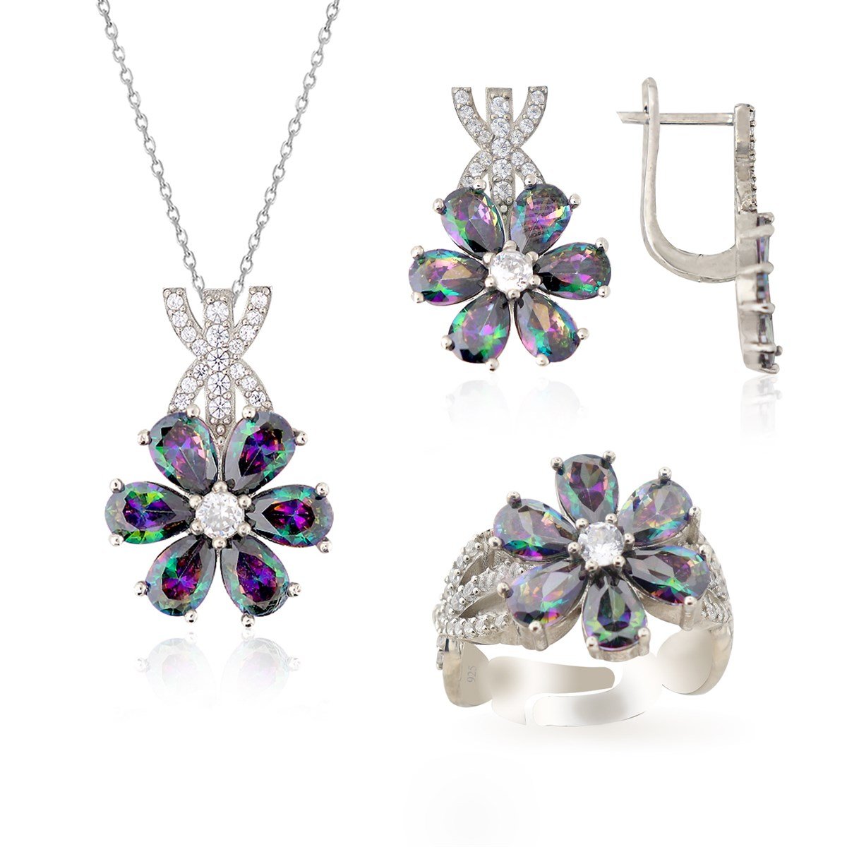 925 Ayar Gümüş Rodyumlu Mistik Topaz Taşlı Manolya Çiçeği Gümüş Takı Seti