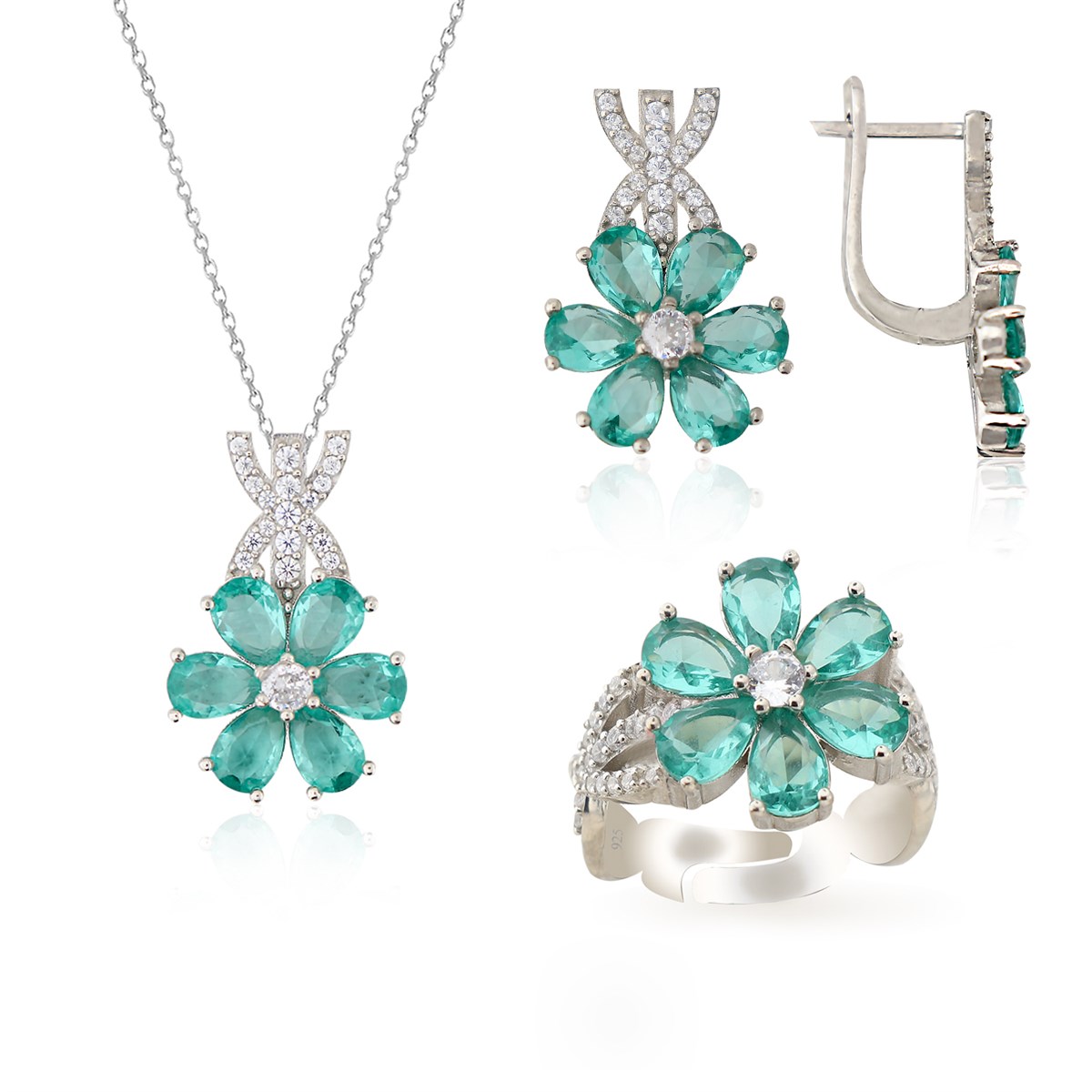 925 Ayar Gümüş Rodyumlu Paraiba Taşlı Manolya Çiçeği Gümüş Takı Seti