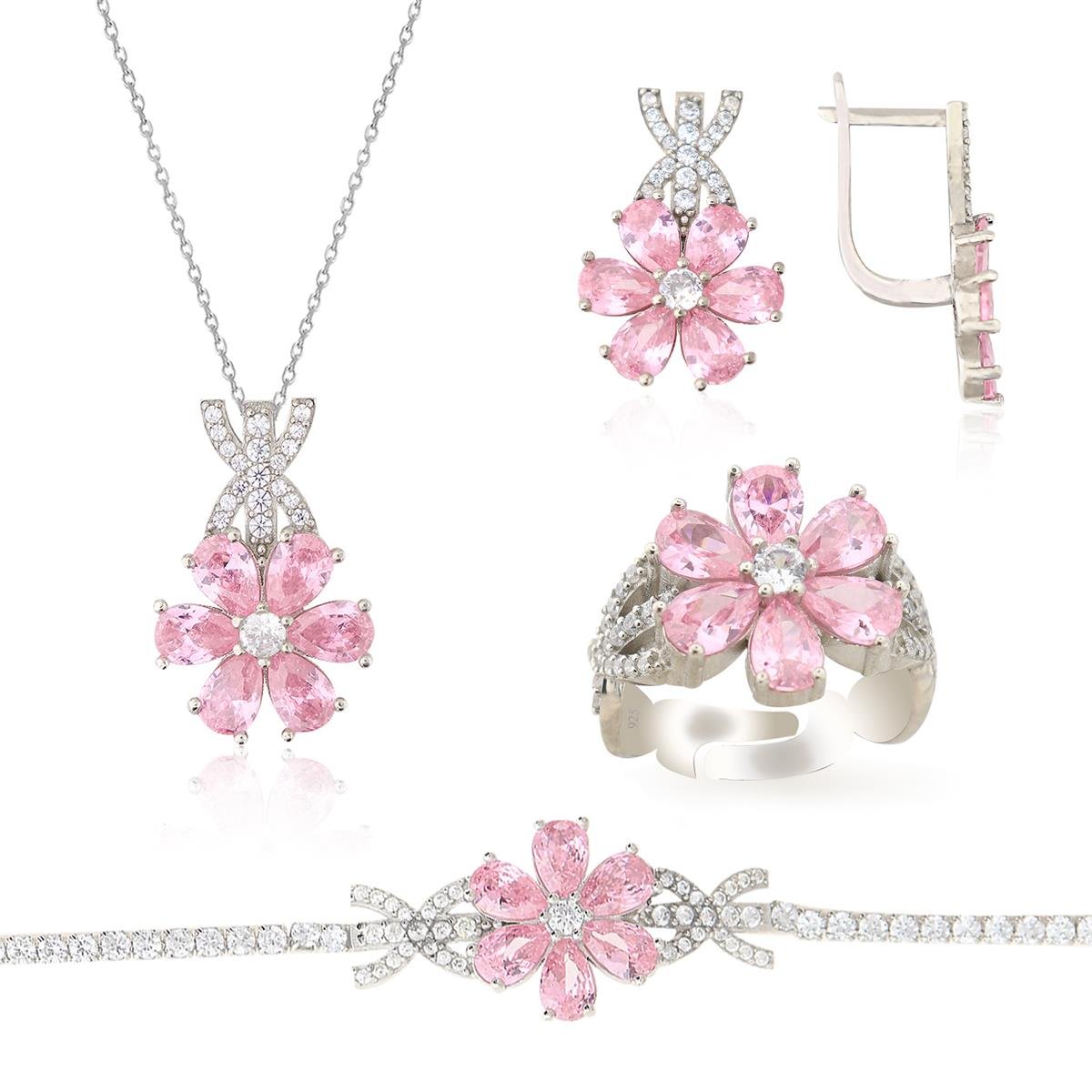 925 Ayar Gümüş Rodyumlu Pembe Taşlı Manolya Çiçeği Gümüş Takı Seti