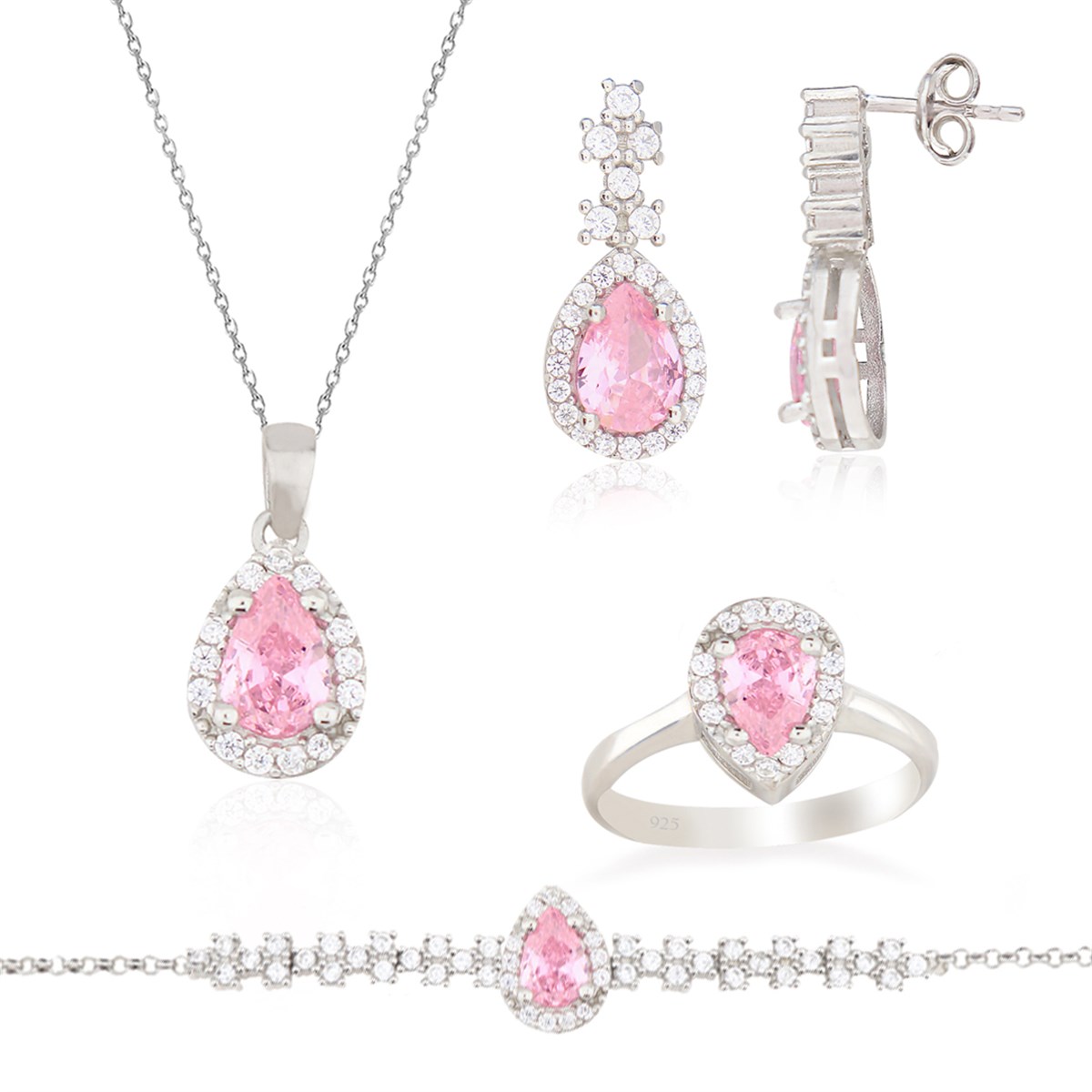 925 Ayar Gümüş Rodyumlu Pırlanta Montür Pembe Damla Taş Takı Seti
