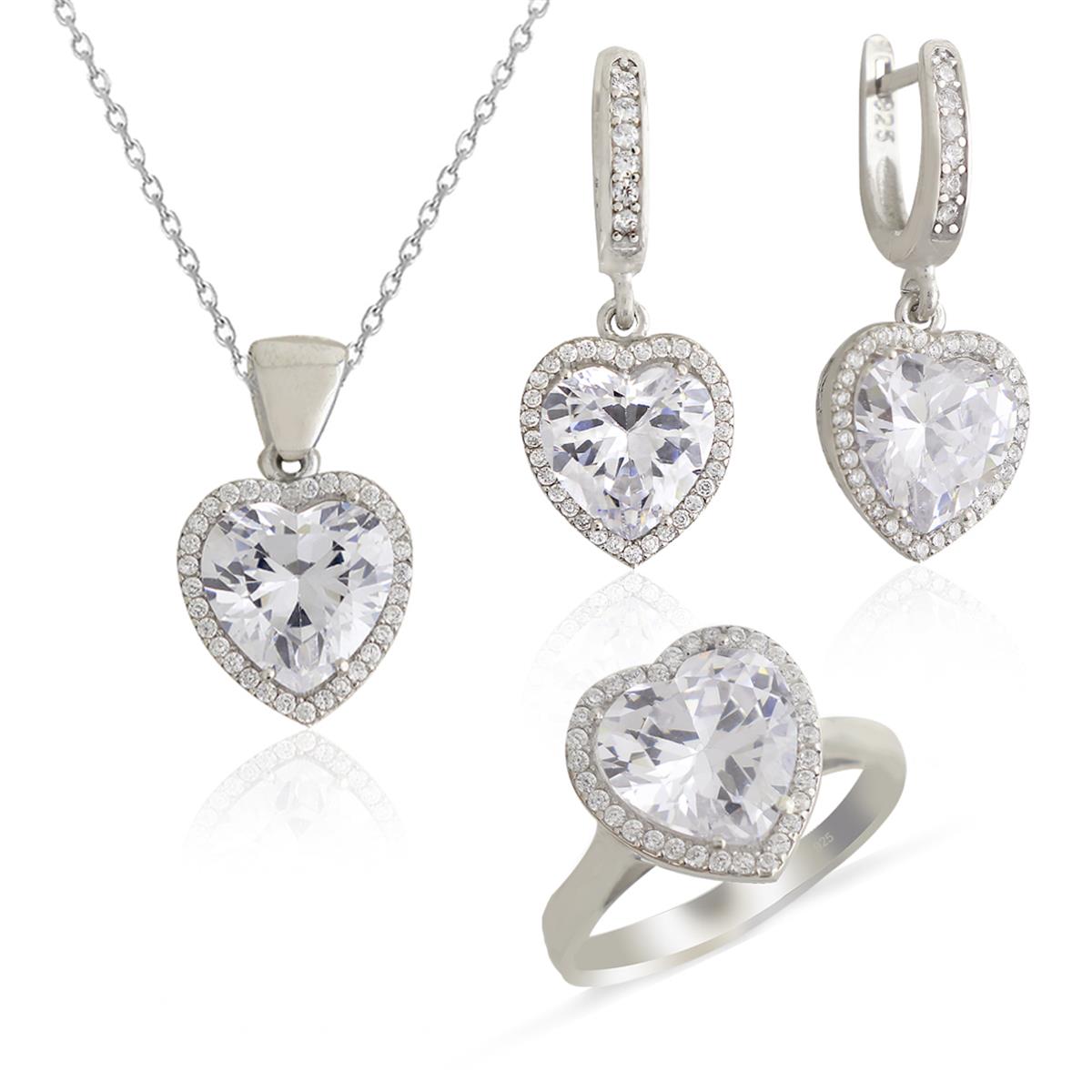 925 Ayar Gümüş Rodyumlu Pırlanta Montür Kalp Takı Seti