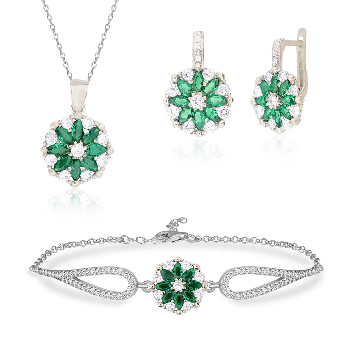 925 Ayar Gümüş Rodyumlu Zümrüt Çiçek Model Takı Seti