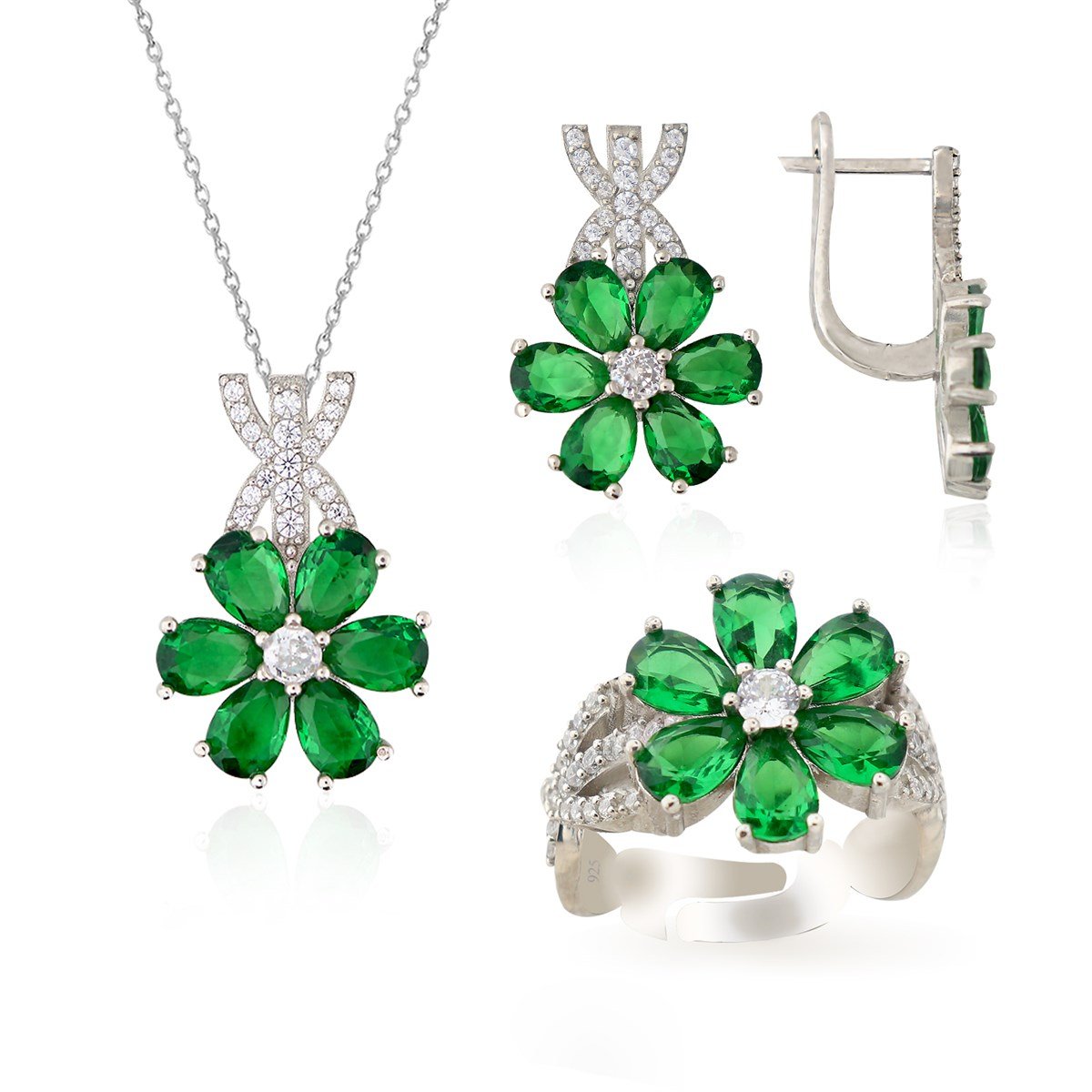925 Ayar Gümüş Rodyumlu Zümrüt Taşlı Manolya Çiçeği Gümüş Takı Seti