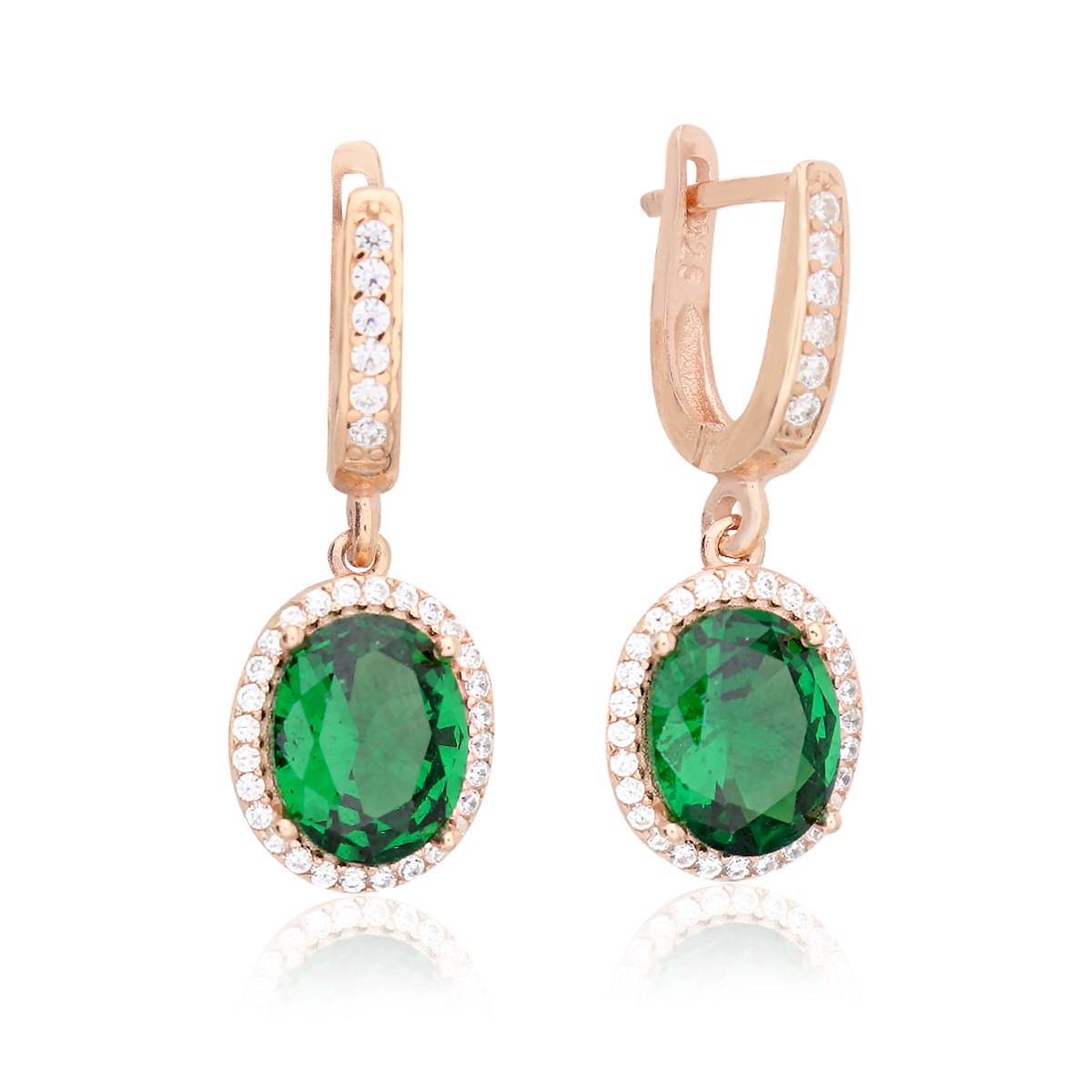 925 Ayar Gümüş Rose Gold Zümrüt Sallantılı Küpe