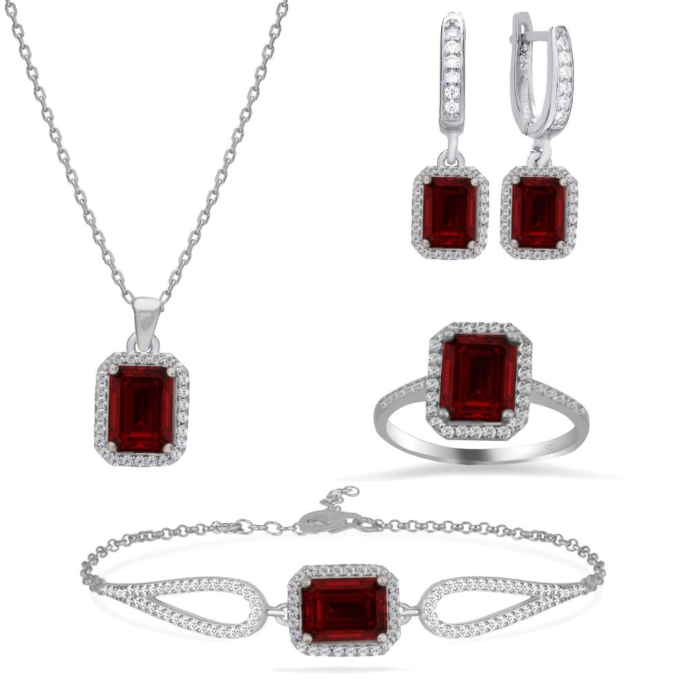 925 Ayar Gümüş Ruby Baget Taşlı Takı Seti