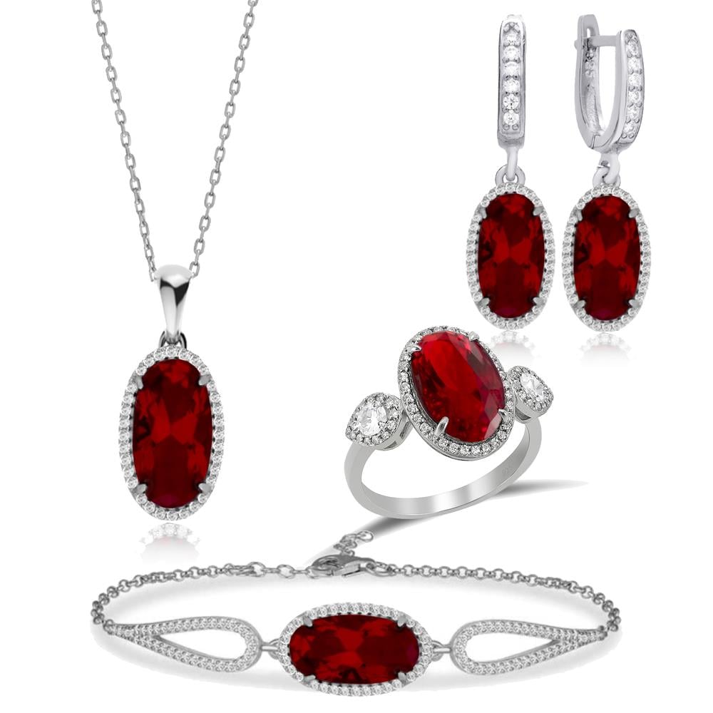 925 Ayar Gümüş Ruby Oval Taşlı Takı Seti
