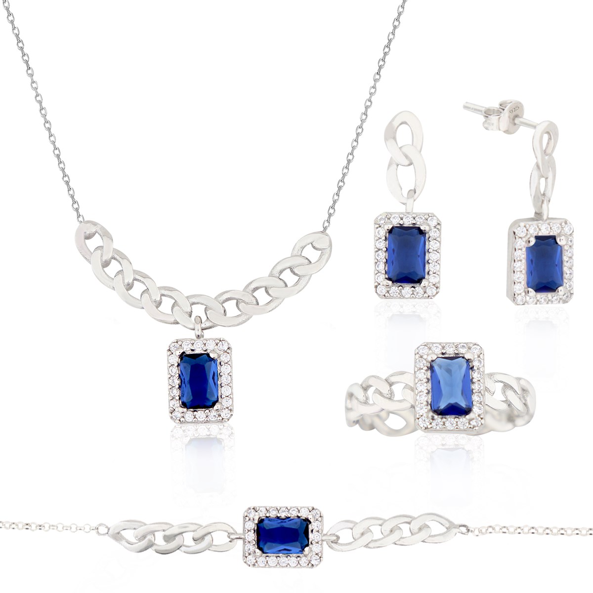 925 Ayar Gümüş Safir Baget Takı Seti Zincir Detay