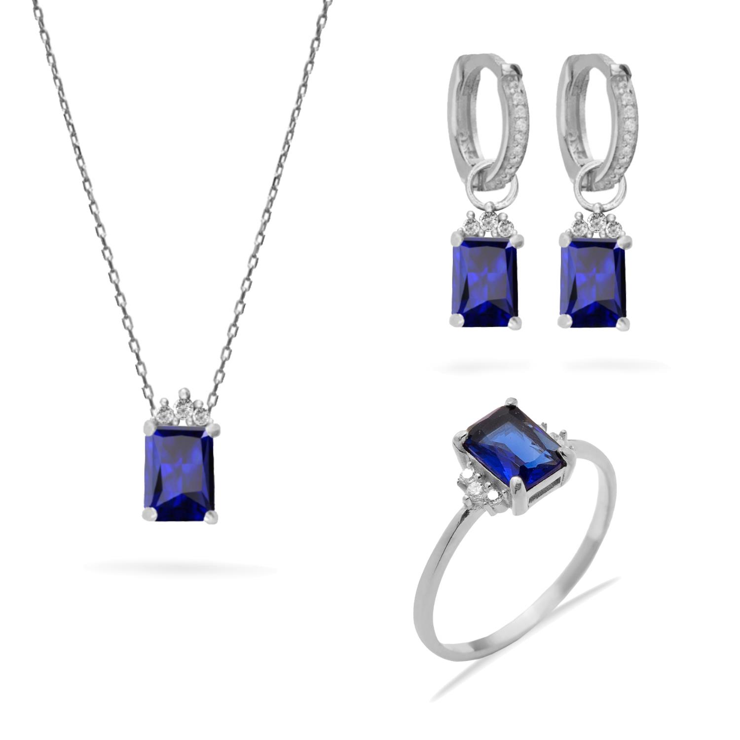 925 Ayar Gümüş Safir Baget Taşlı Trend Takı Seti