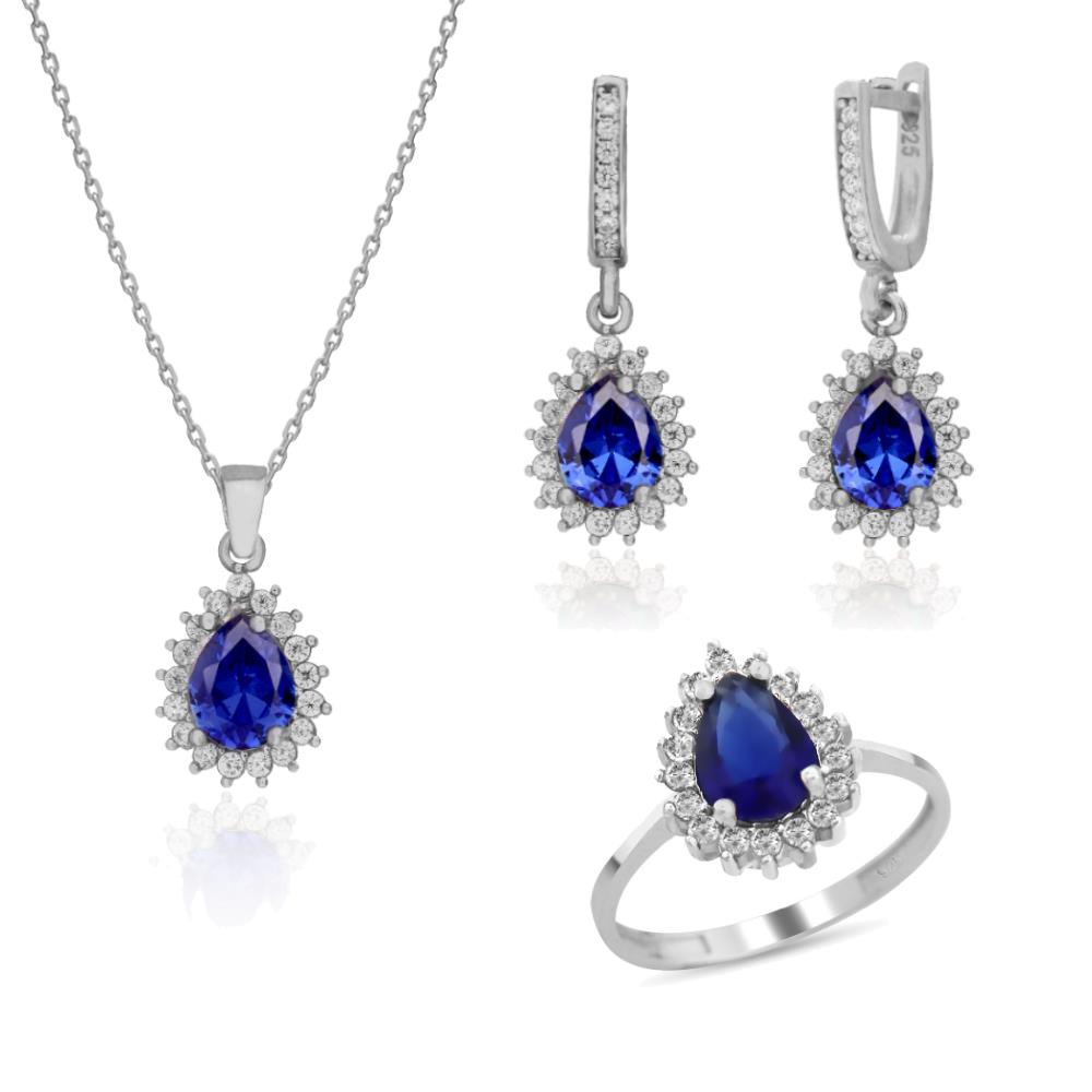 925 Ayar Gümüş Safir Damla Anturaj Takı Seti