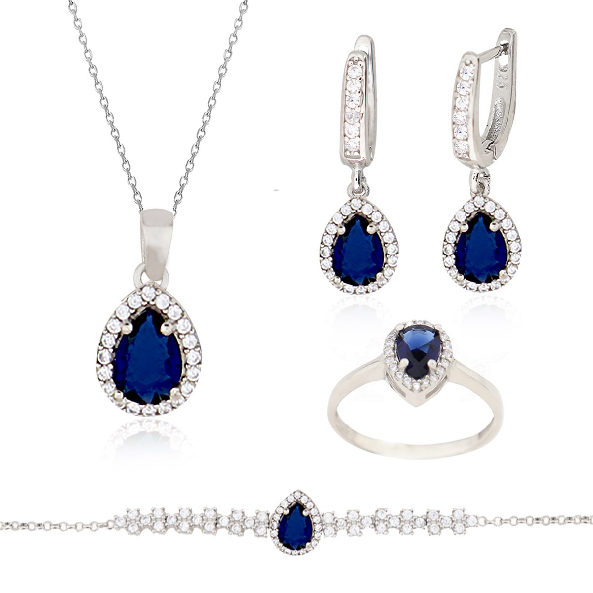 925 Ayar Gümüş Safir Damla Taş Takı Seti