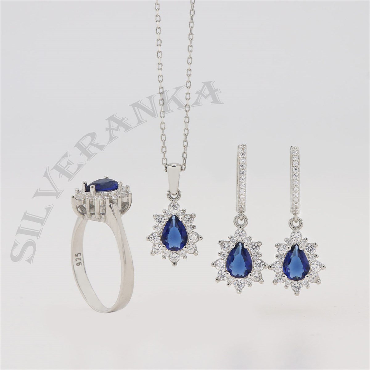 925 Ayar Gümüş Safir Damla Taşlı Anturaj Set