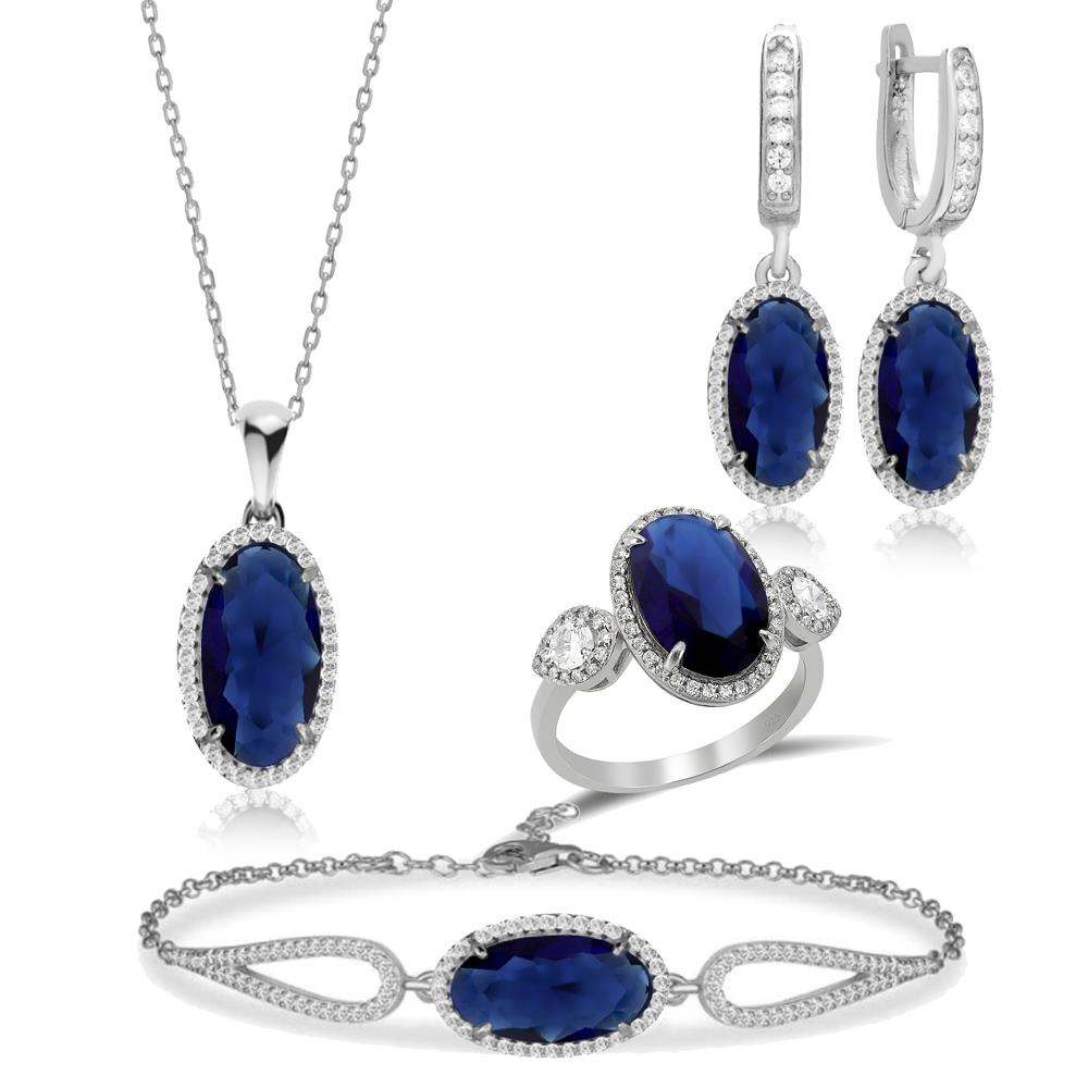 925 Ayar Gümüş Safir Oval Taşlı Takı Seti