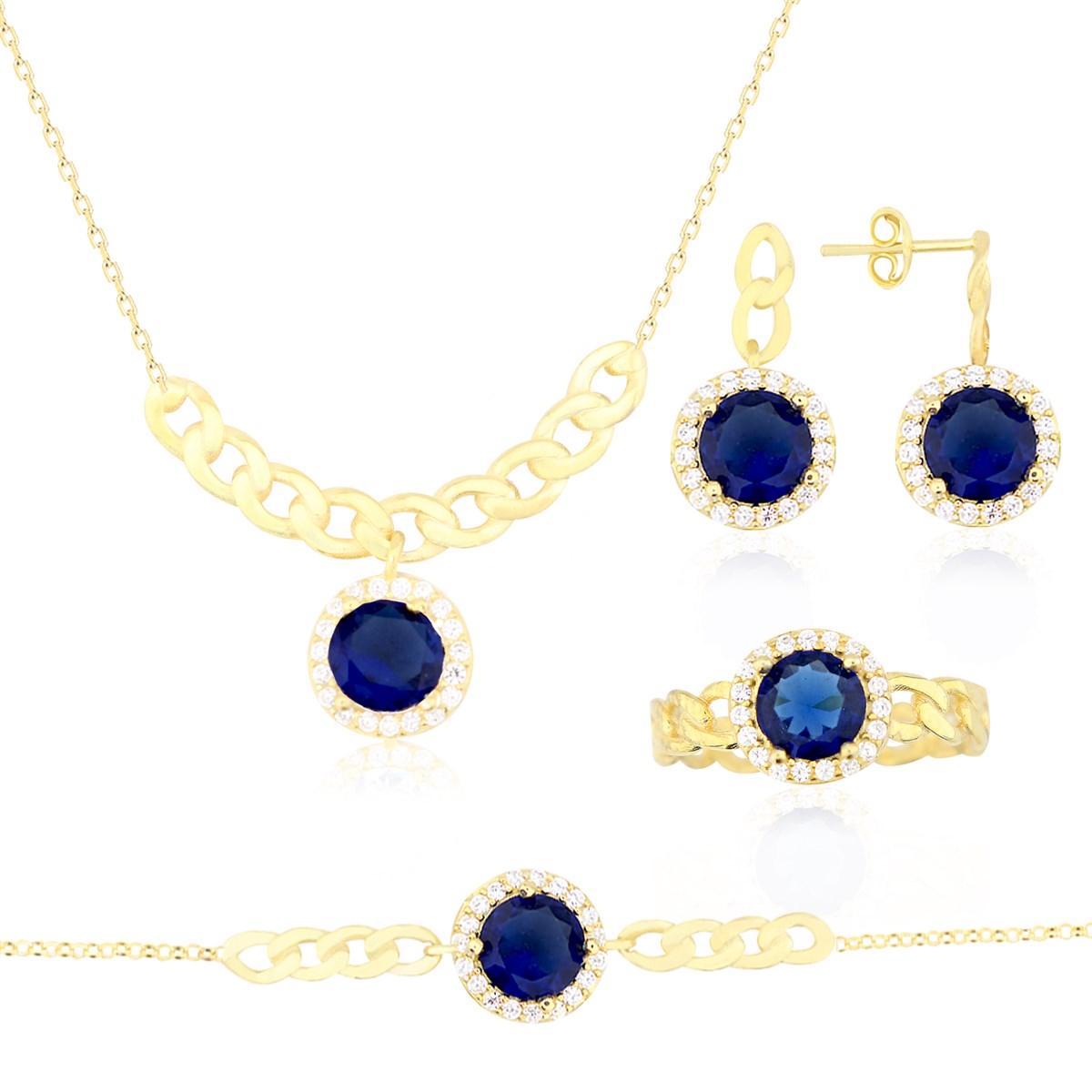 925 Ayar Gümüş Safir Takı Seti Altın Kaplama Zincir Detay