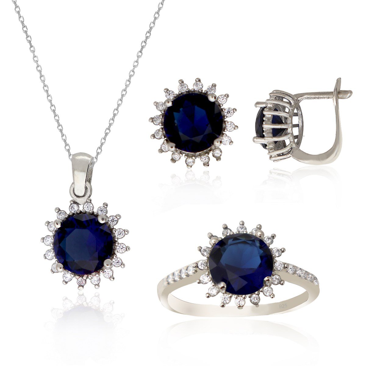 925 Ayar Gümüş Safir Yuvarlak Taşlı Takı Seti