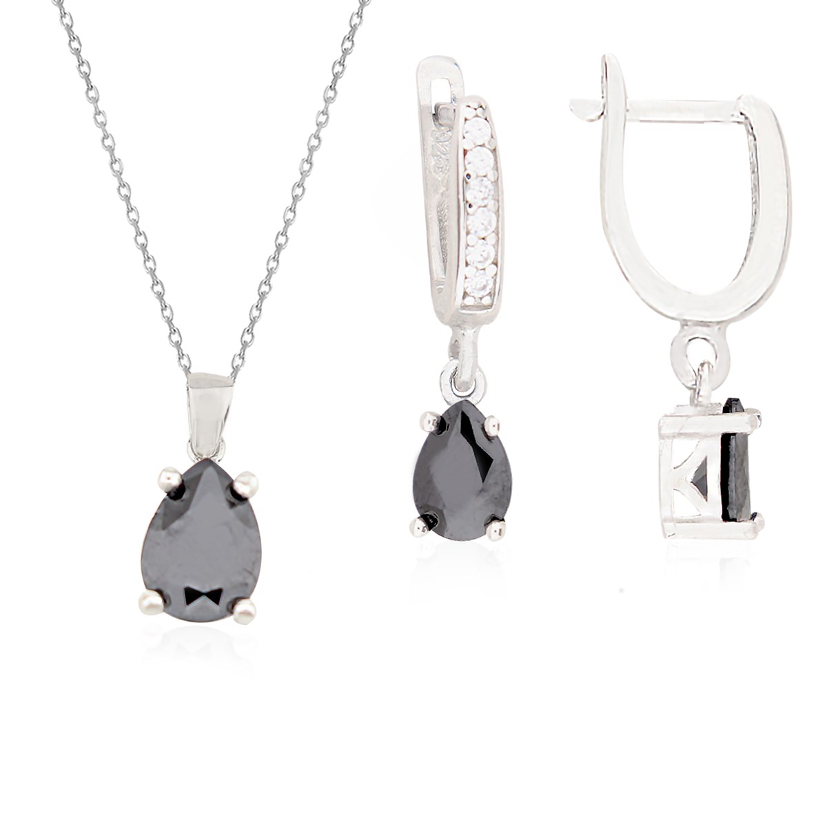925 Ayar Gümüş Siyah Damla Taş Takı Seti